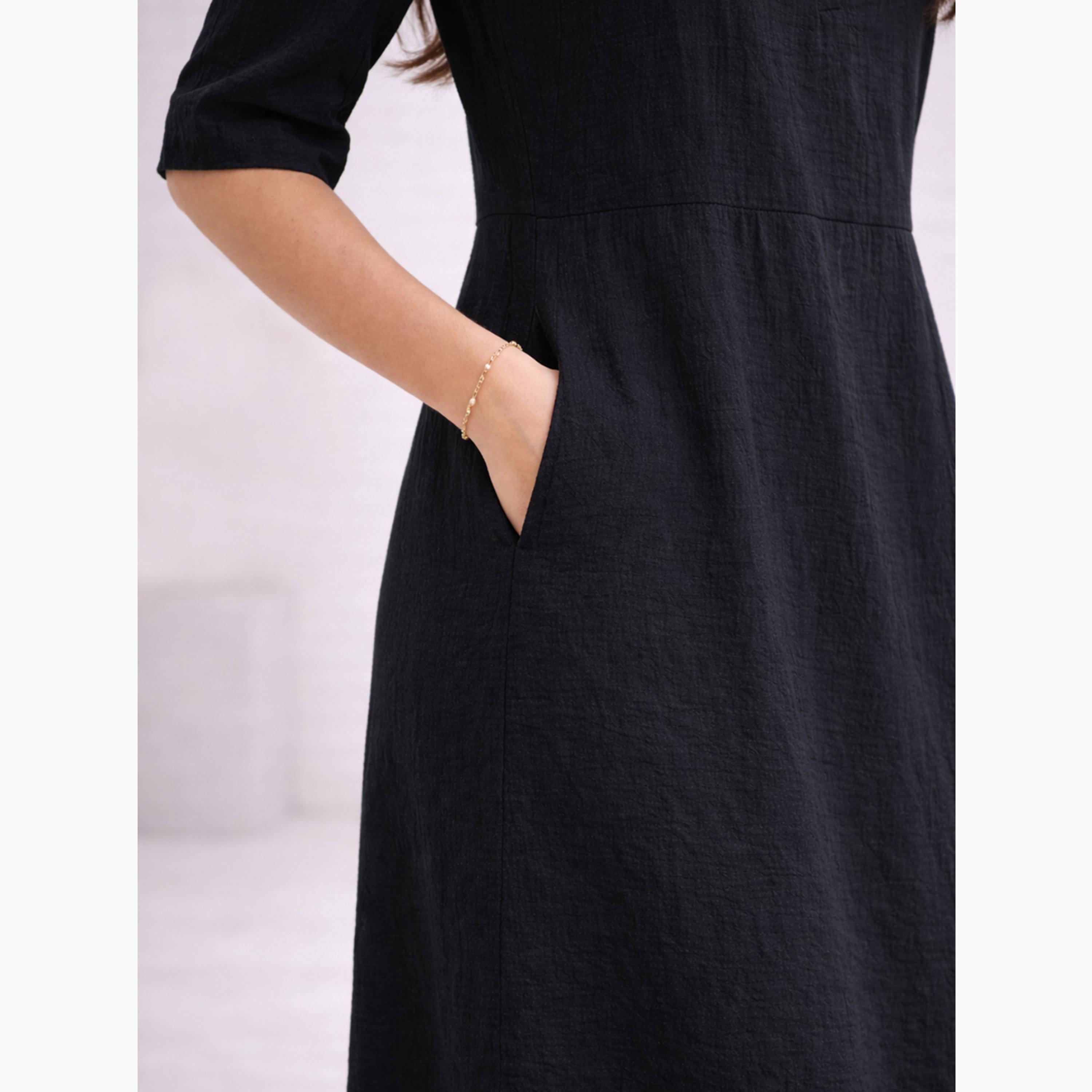 فستان ميدي بفتحة رقبة وجيب جانبي أسود-women-clothing-dresses-image-4