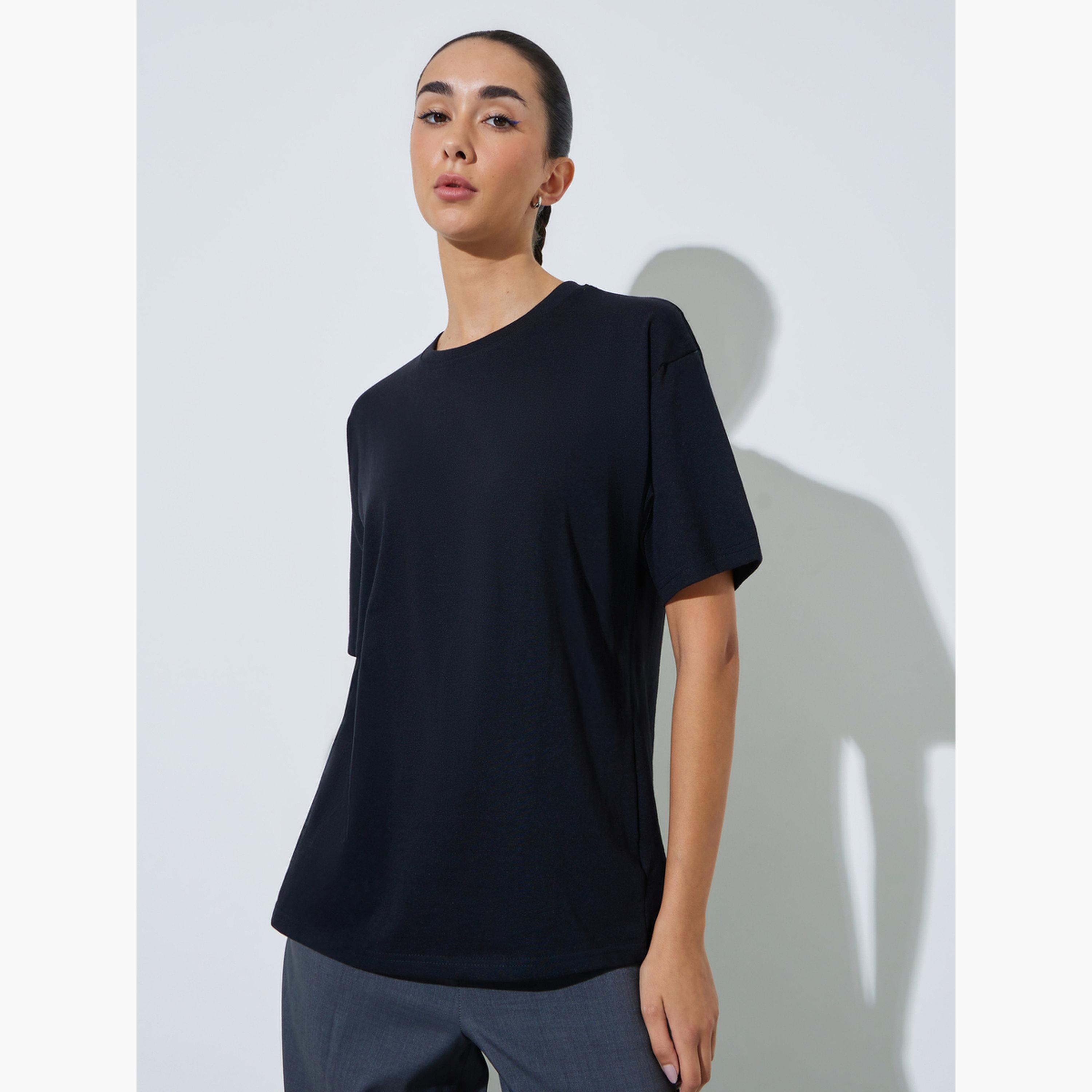 Styli Black Oversized Round Neck T-Shirt-women-clothing-tshirts-image-1