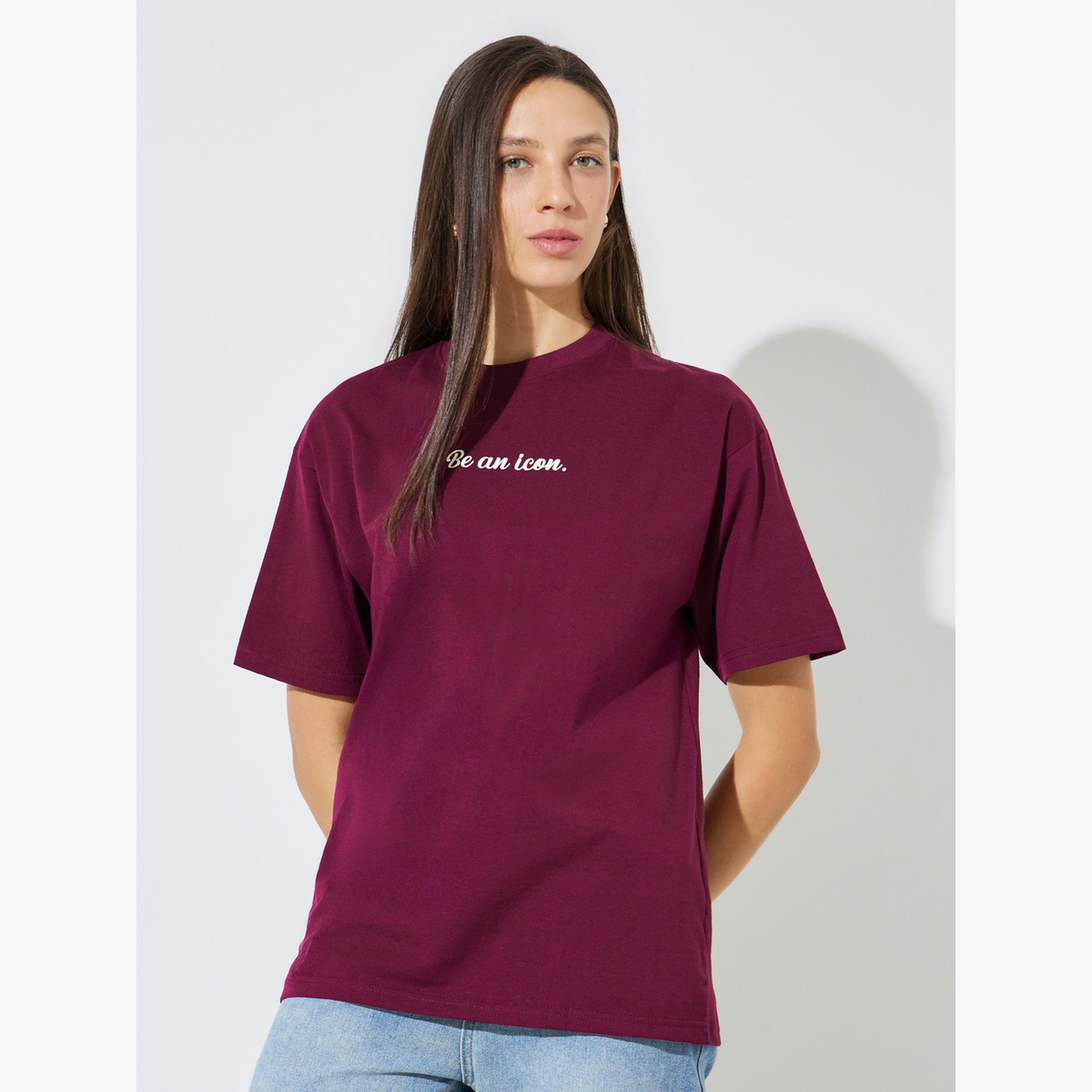 Styli Red Slogan Print Short Sleeves Oversized T-Shirt-women-clothing-tshirts-image-1