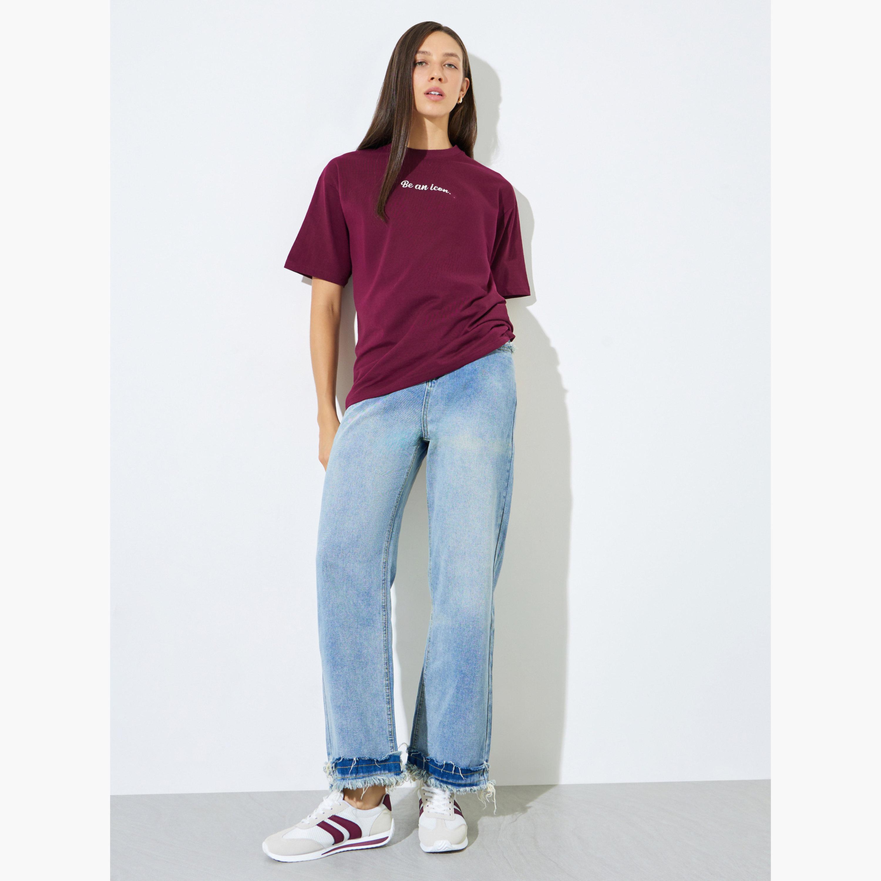 Styli Red Slogan Print Short Sleeves Oversized T-Shirt-women-clothing-tshirts-image-2