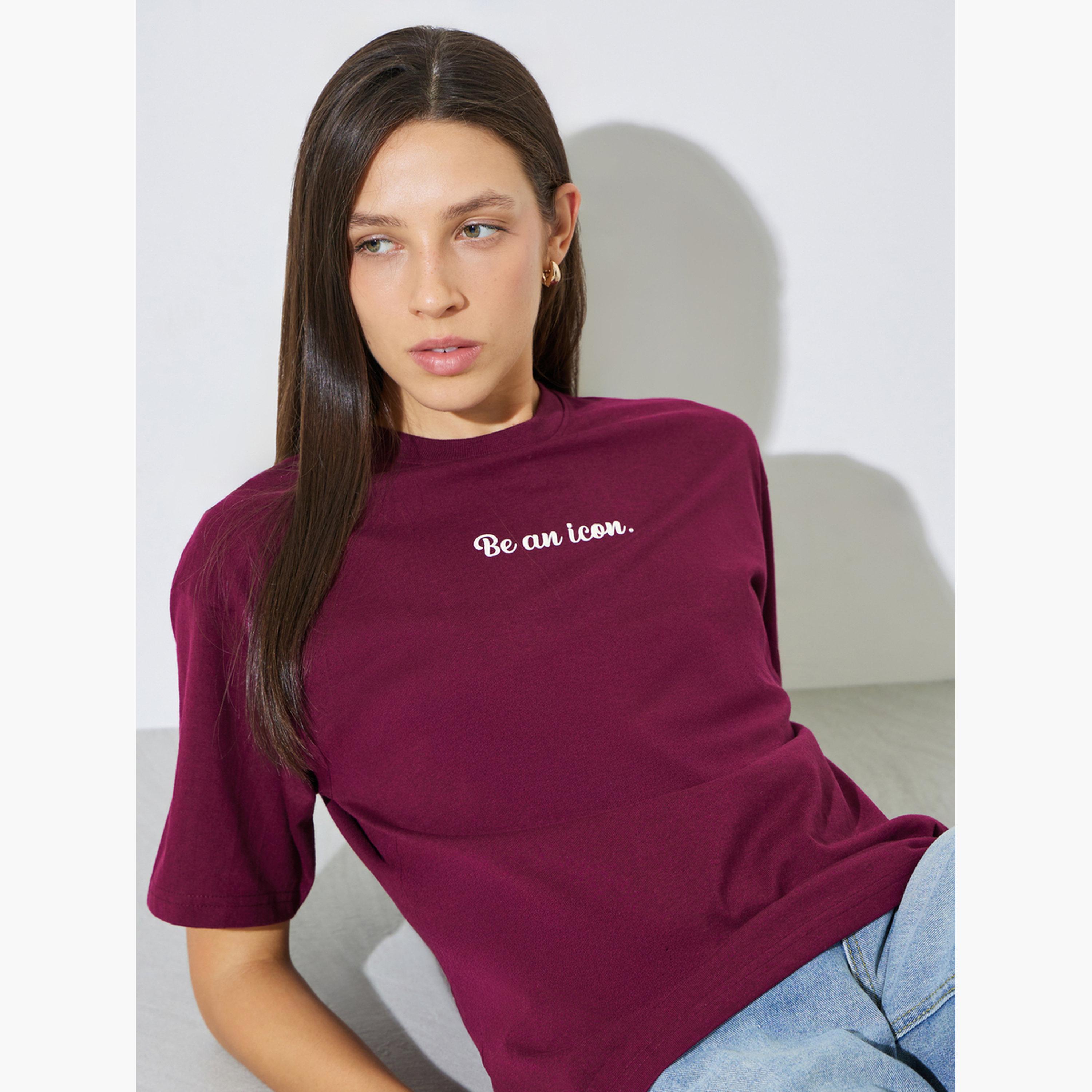 Styli Red Slogan Print Short Sleeves Oversized T-Shirt-women-clothing-tshirts-image-4