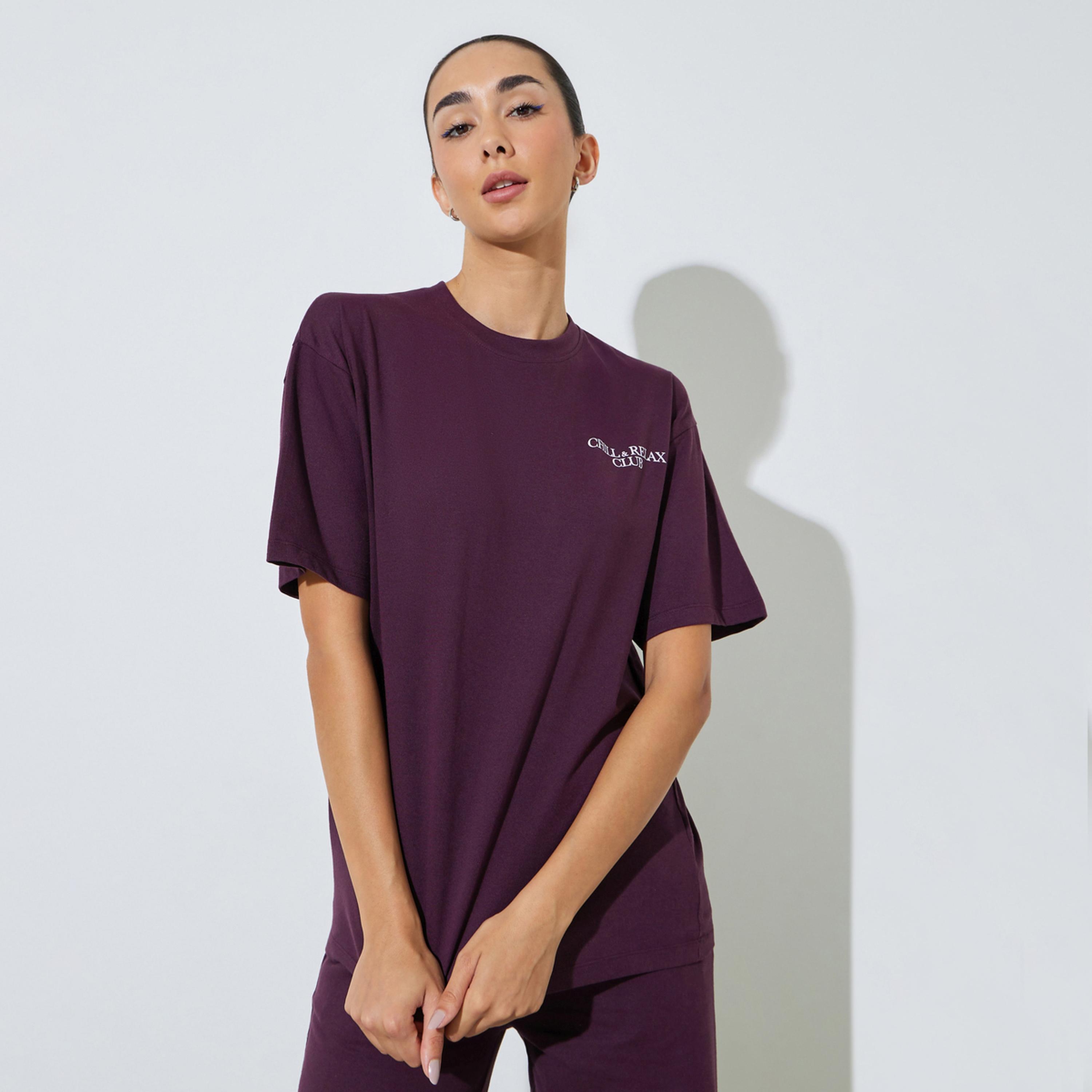 تيشيرت واسع بطبعة شعار من خليط القطن-women-clothing-tshirts-image-1