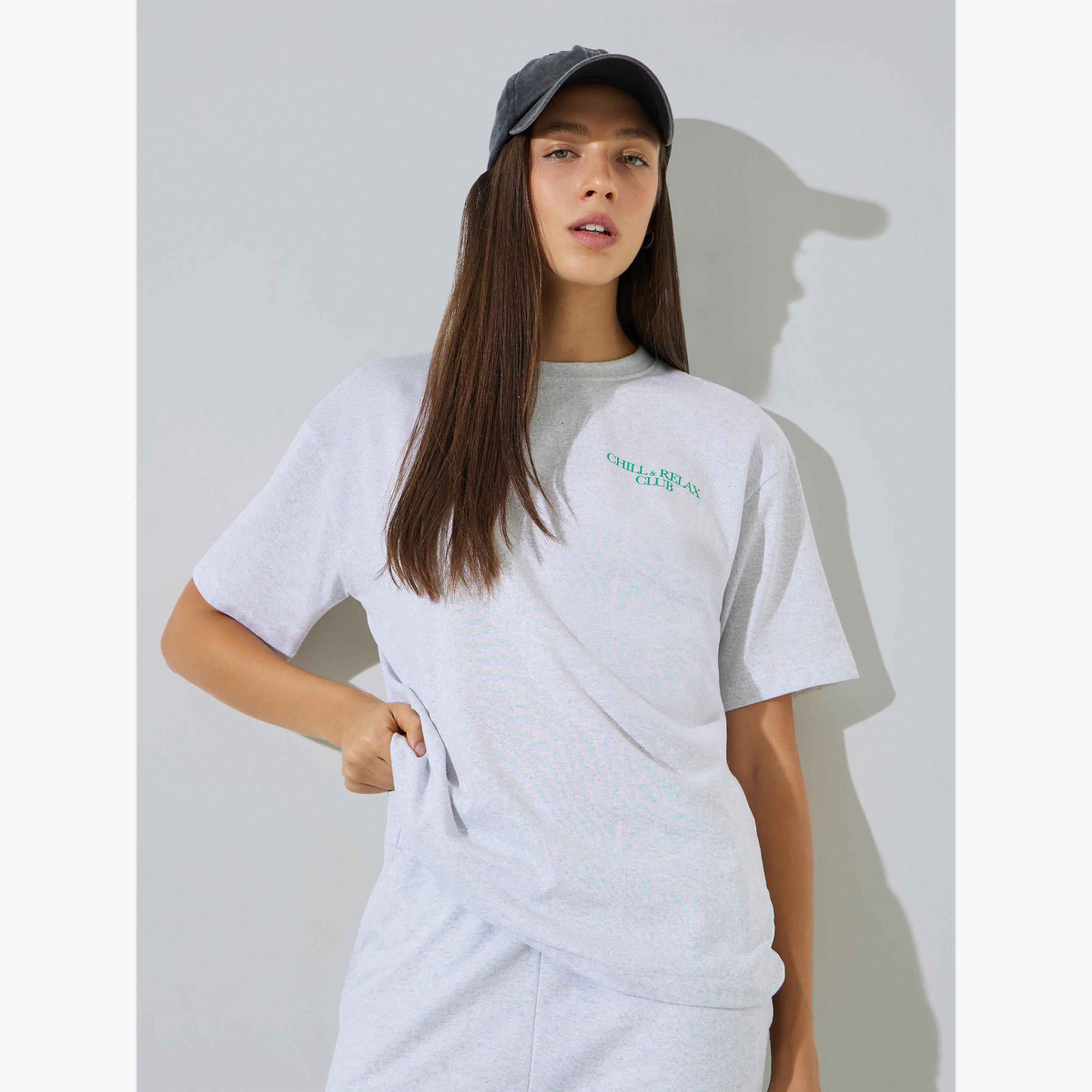 Styli Grey Oversized Slogan Print Cotton Blend T-Shirt-women-clothing-tshirts-image-1