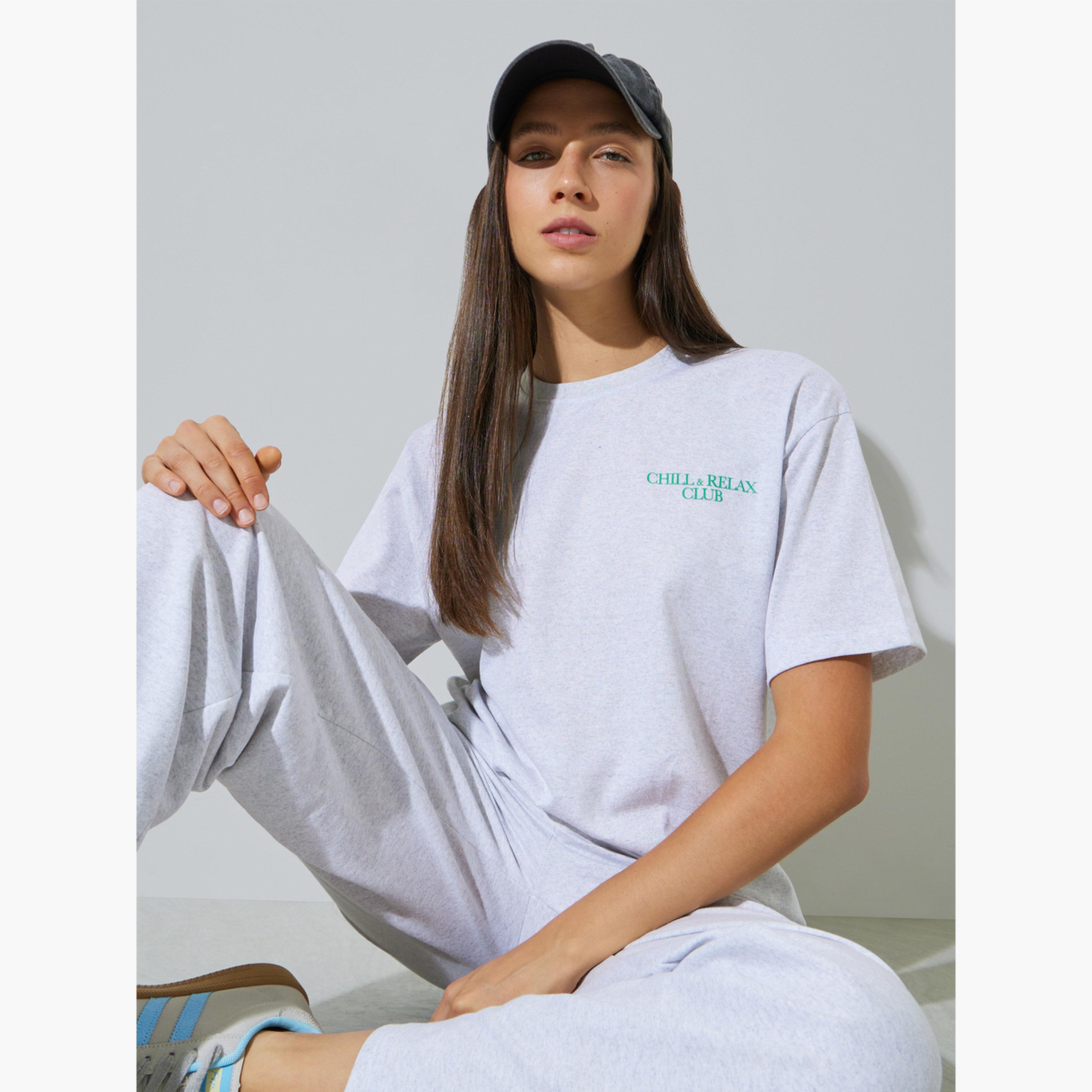 Styli Grey Oversized Slogan Print Cotton Blend T-Shirt-women-clothing-tshirts-image-3