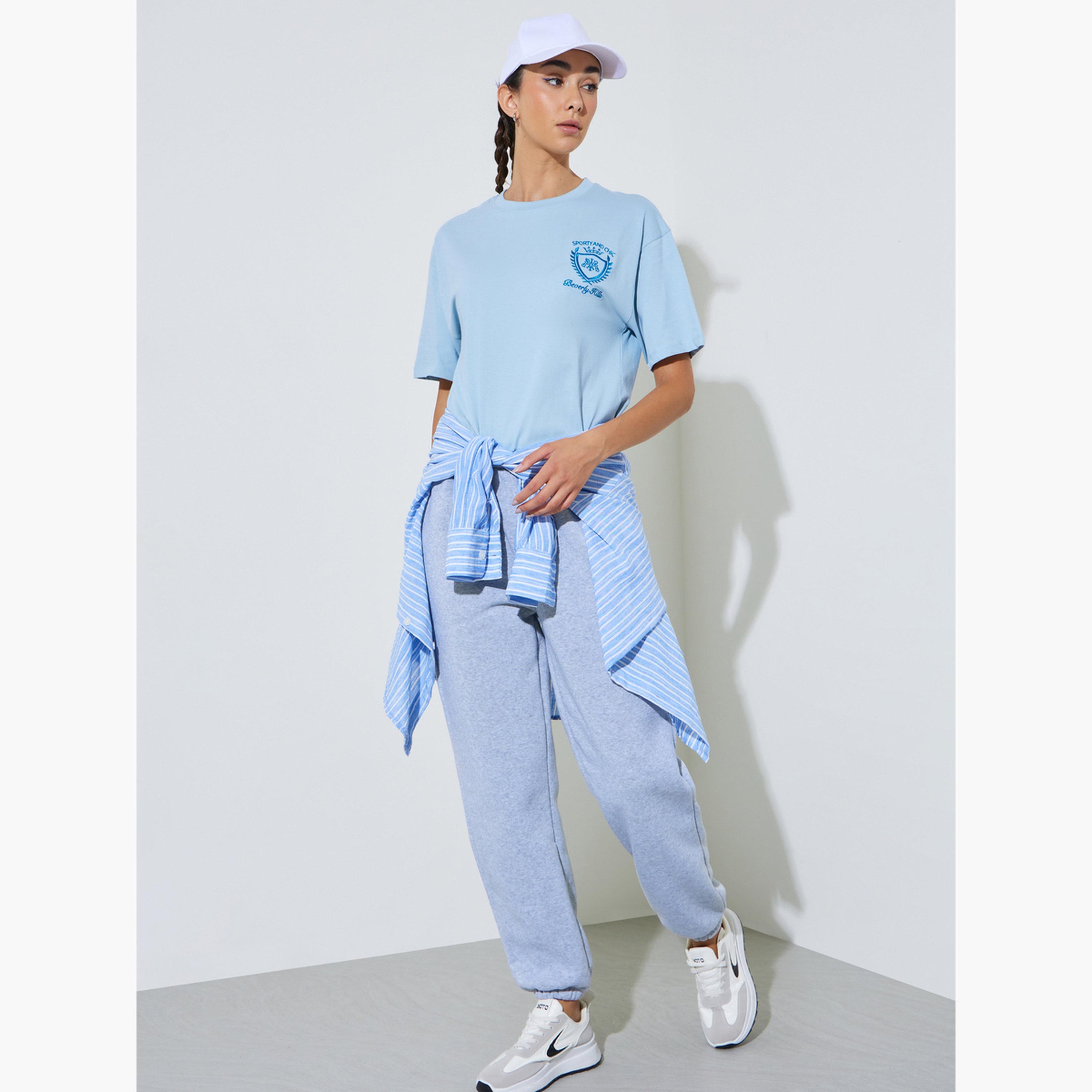 Styli Blue Embroidered Oversized Cotton T-Shirt-women-clothing-tshirts-image-2