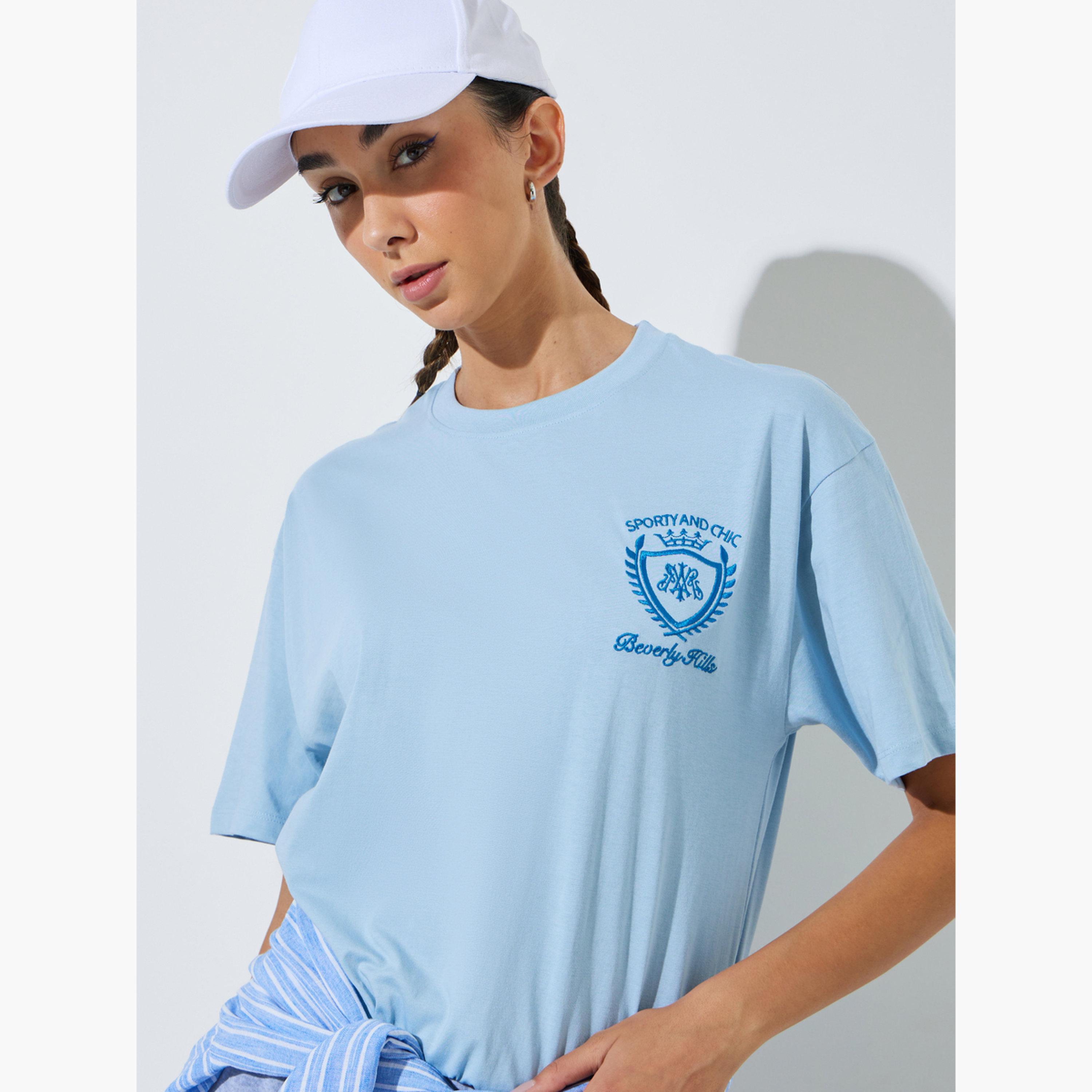 Styli Blue Embroidered Oversized Cotton T-Shirt-women-clothing-tshirts-image-3