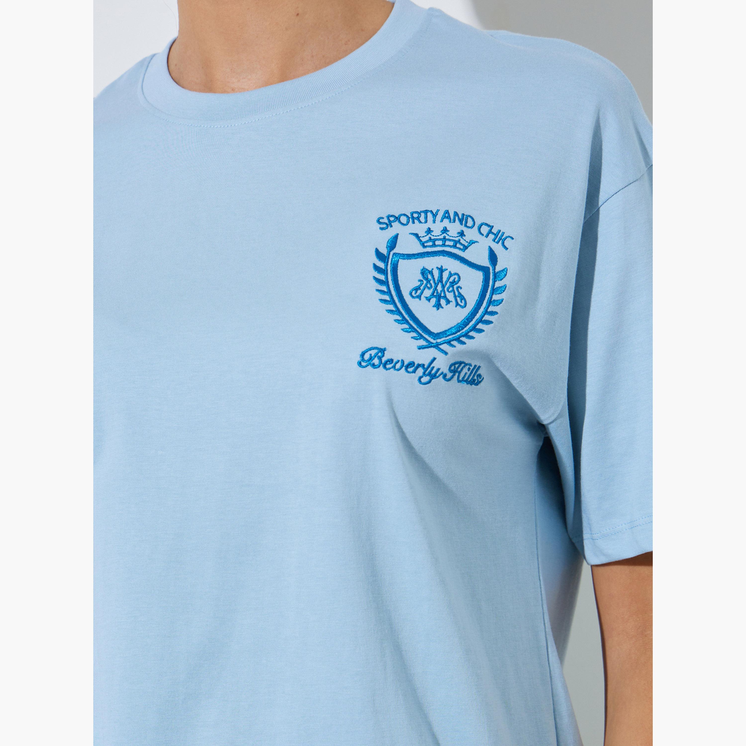 Styli Blue Embroidered Oversized Cotton T-Shirt-women-clothing-tshirts-image-5