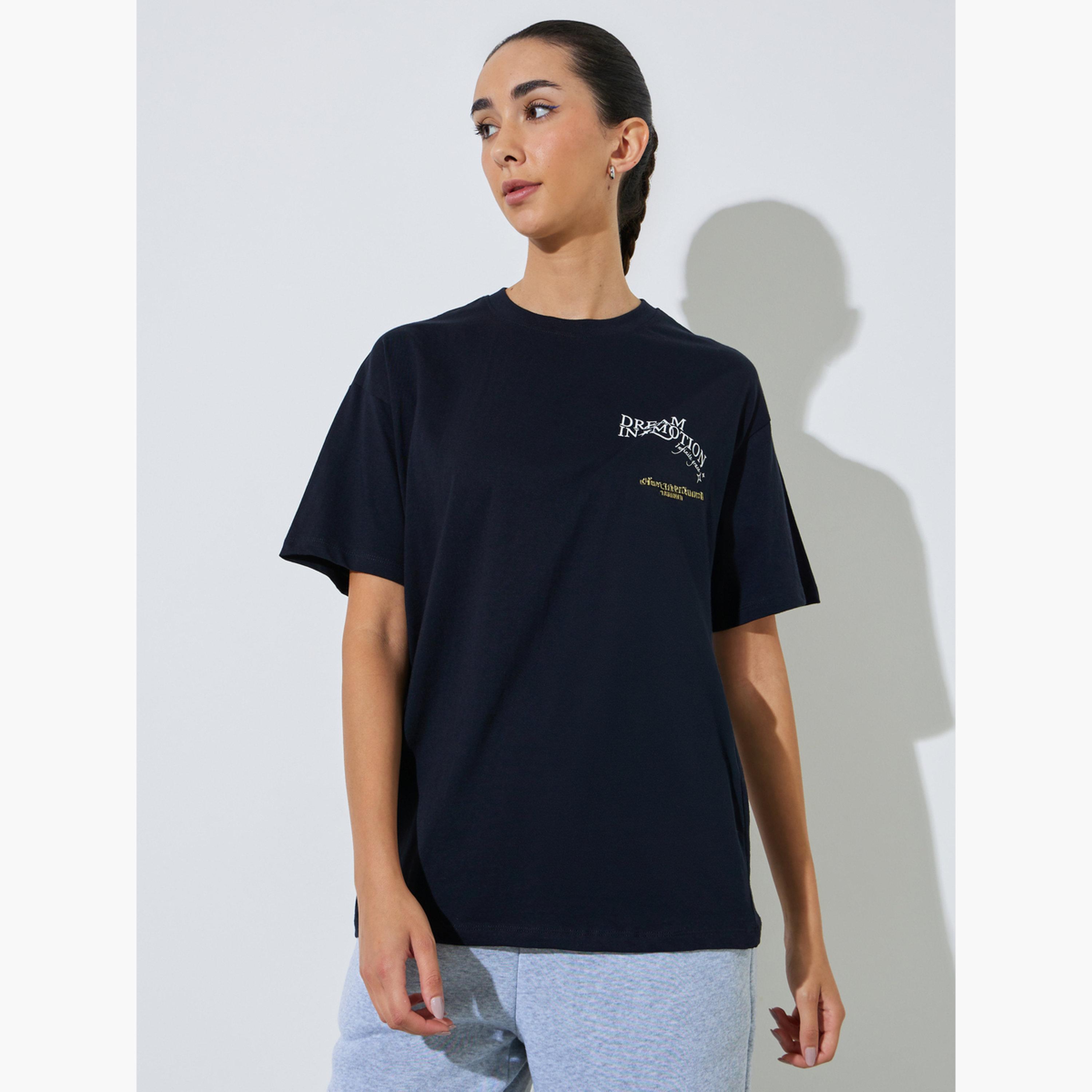 Styli Black Cotton Oversized Slogan Print T-Shirt-women-clothing-tshirts-image-1