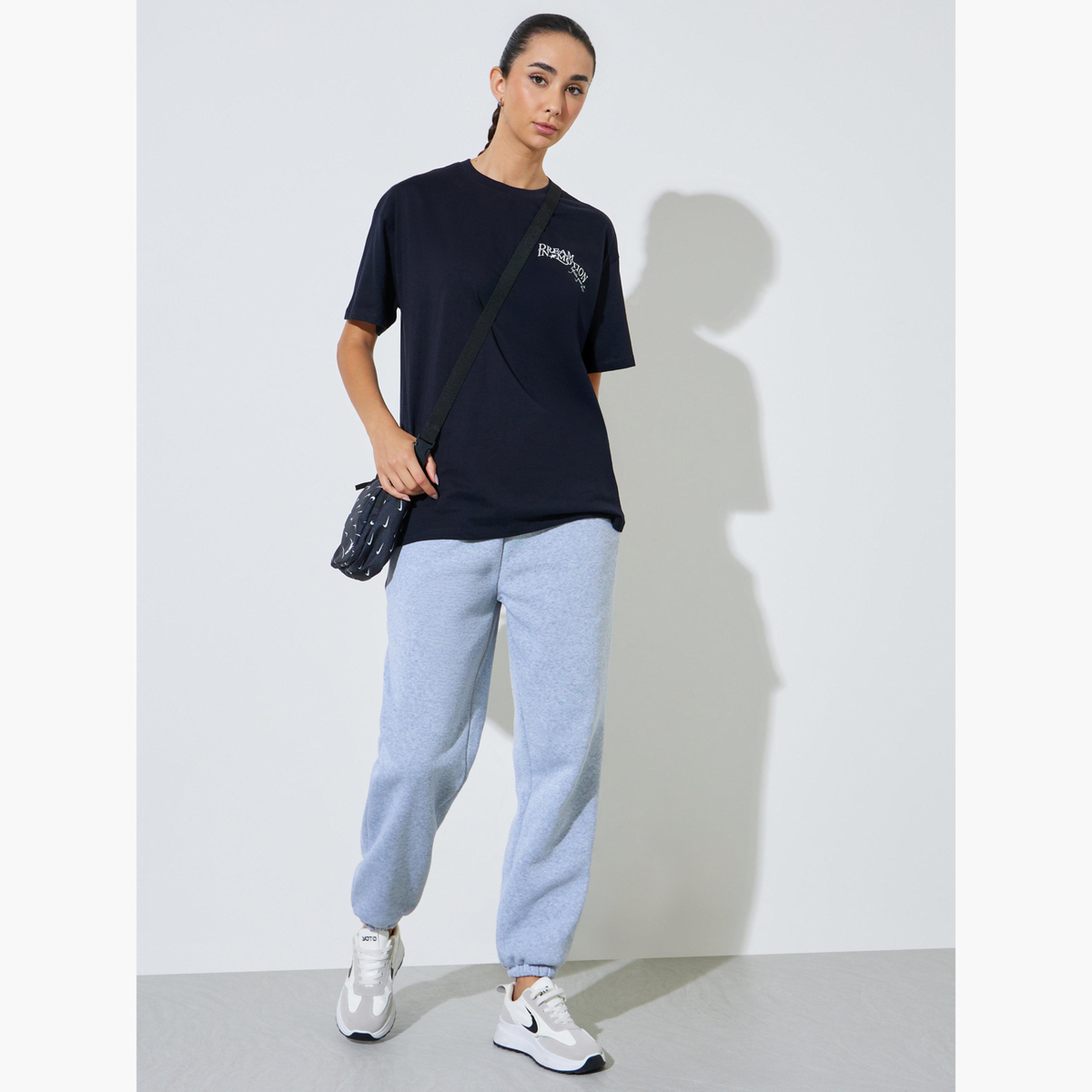 Styli Black Cotton Oversized Slogan Print T-Shirt-women-clothing-tshirts-image-2