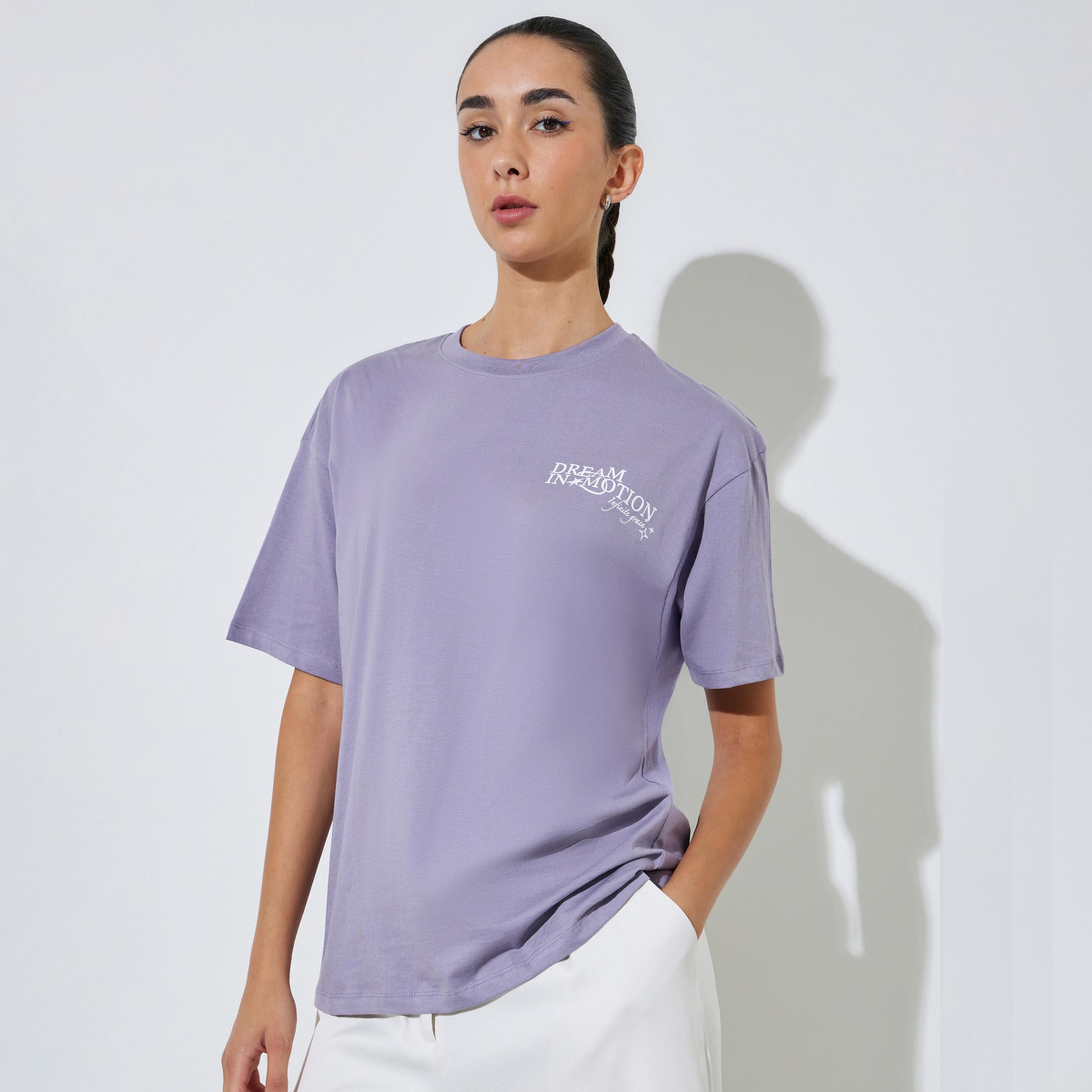 Styli Lilac Cotton Oversized Slogan Print T-Shirt-women-clothing-tshirts-image-1
