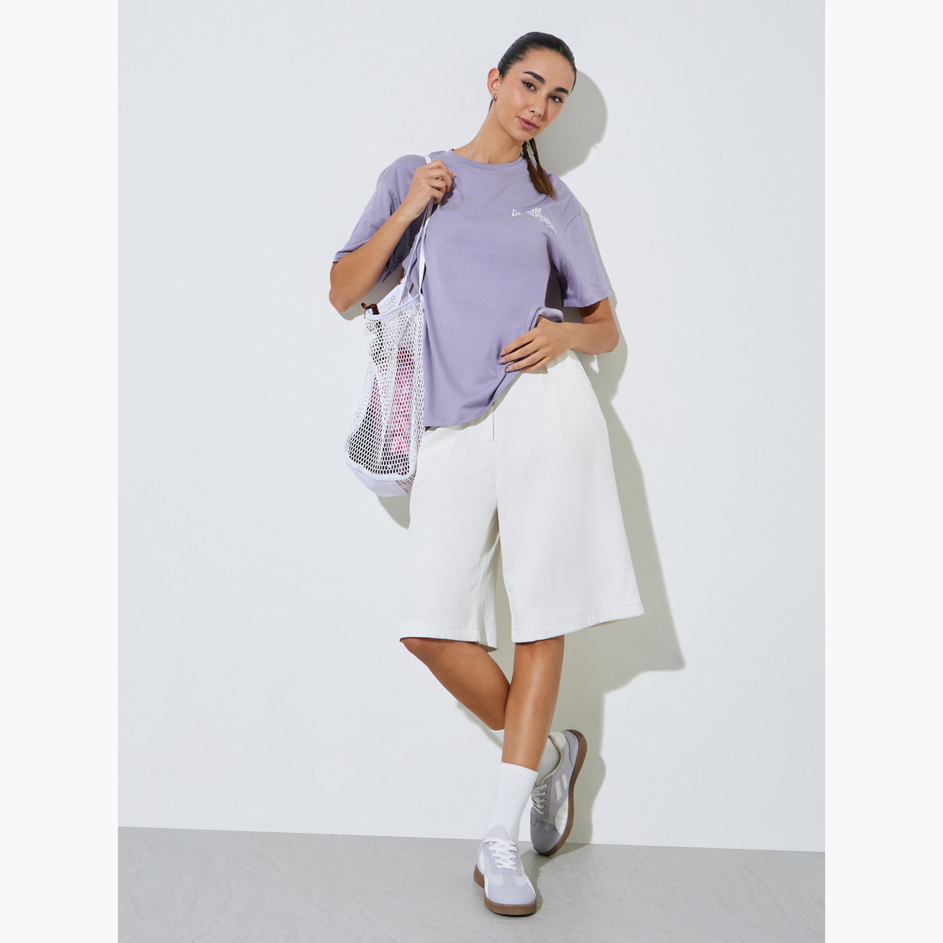 Styli Lilac Cotton Oversized Slogan Print T-Shirt-women-clothing-tshirts-image-2