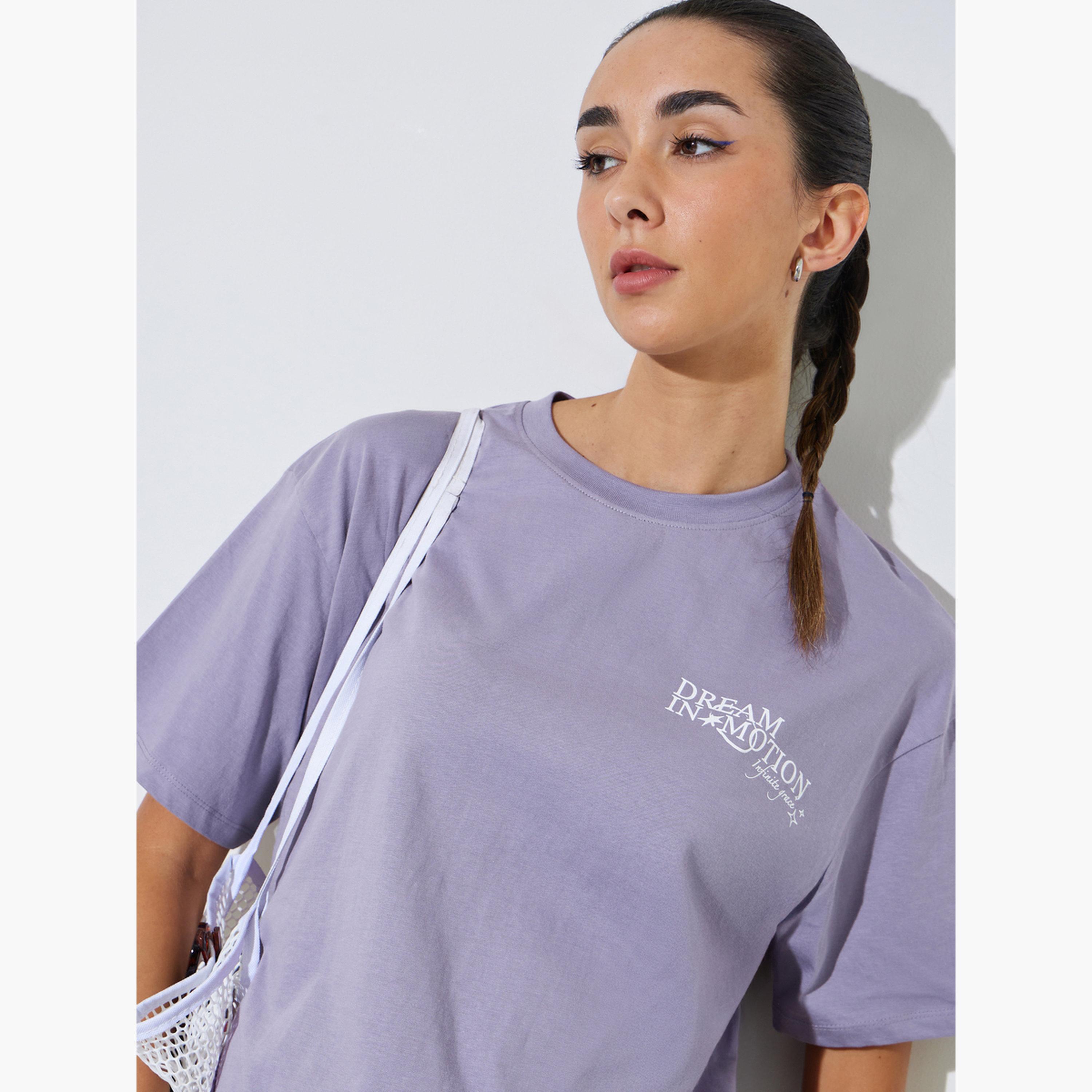 Styli Lilac Cotton Oversized Slogan Print T-Shirt-women-clothing-tshirts-image-3