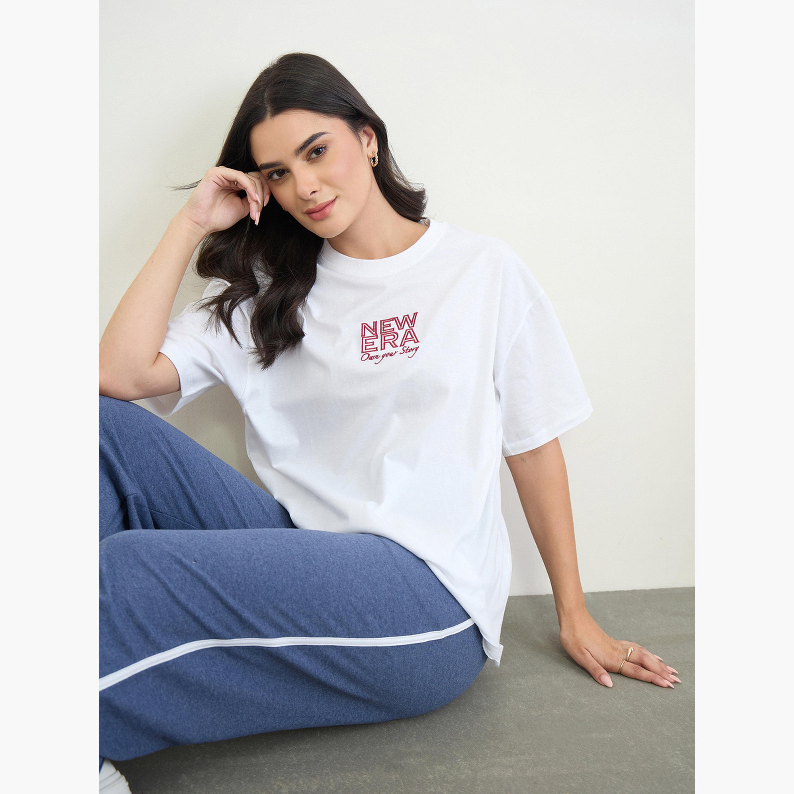 Styli White Embroidered Slogan 100% Cotton Oversized T-Shirt-women-clothing-tshirts-image-3