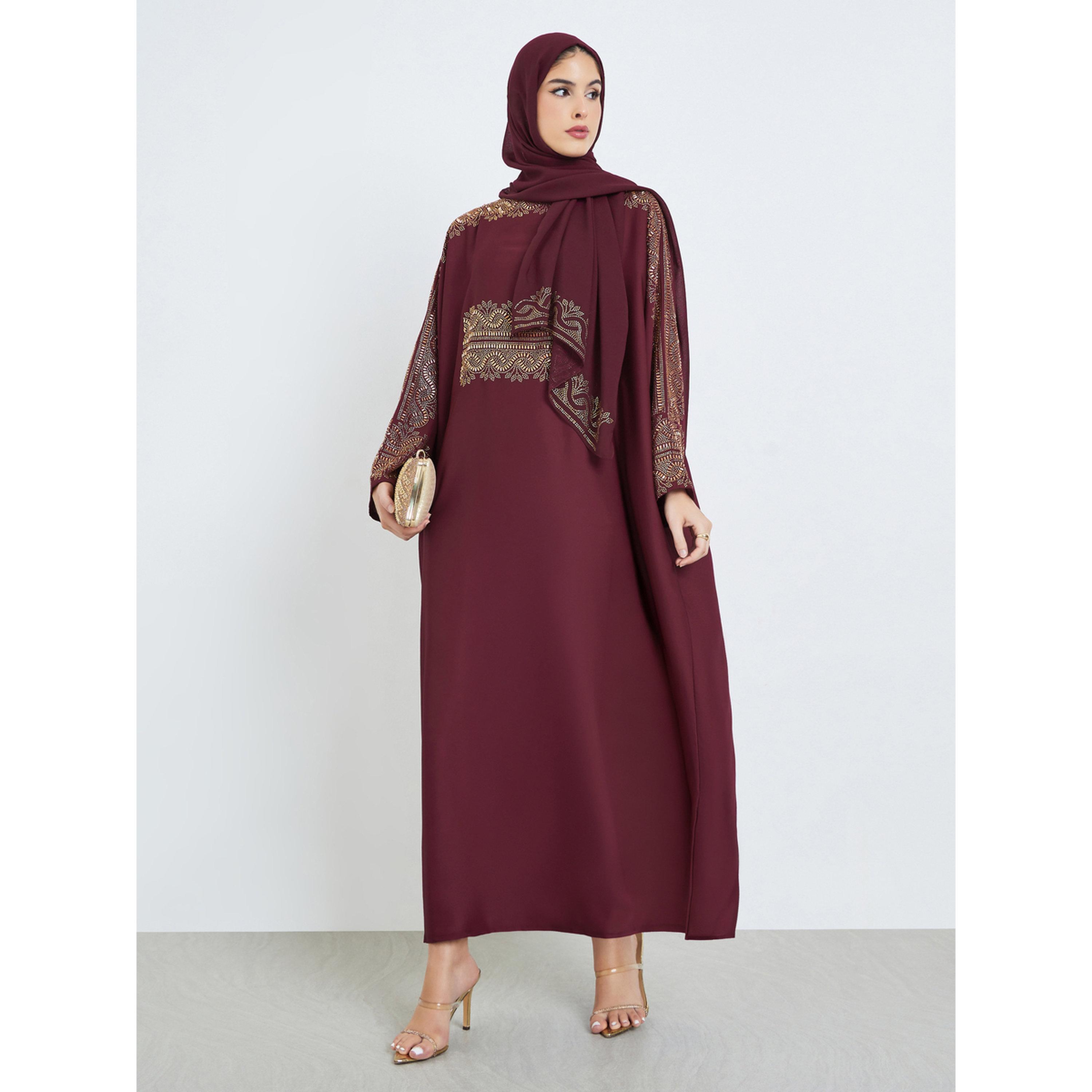 Styli Burgundy Rhinestone Embellishments Jalabiya with Matching Hijab-women-arabicclothing-jalabiyas-image-1