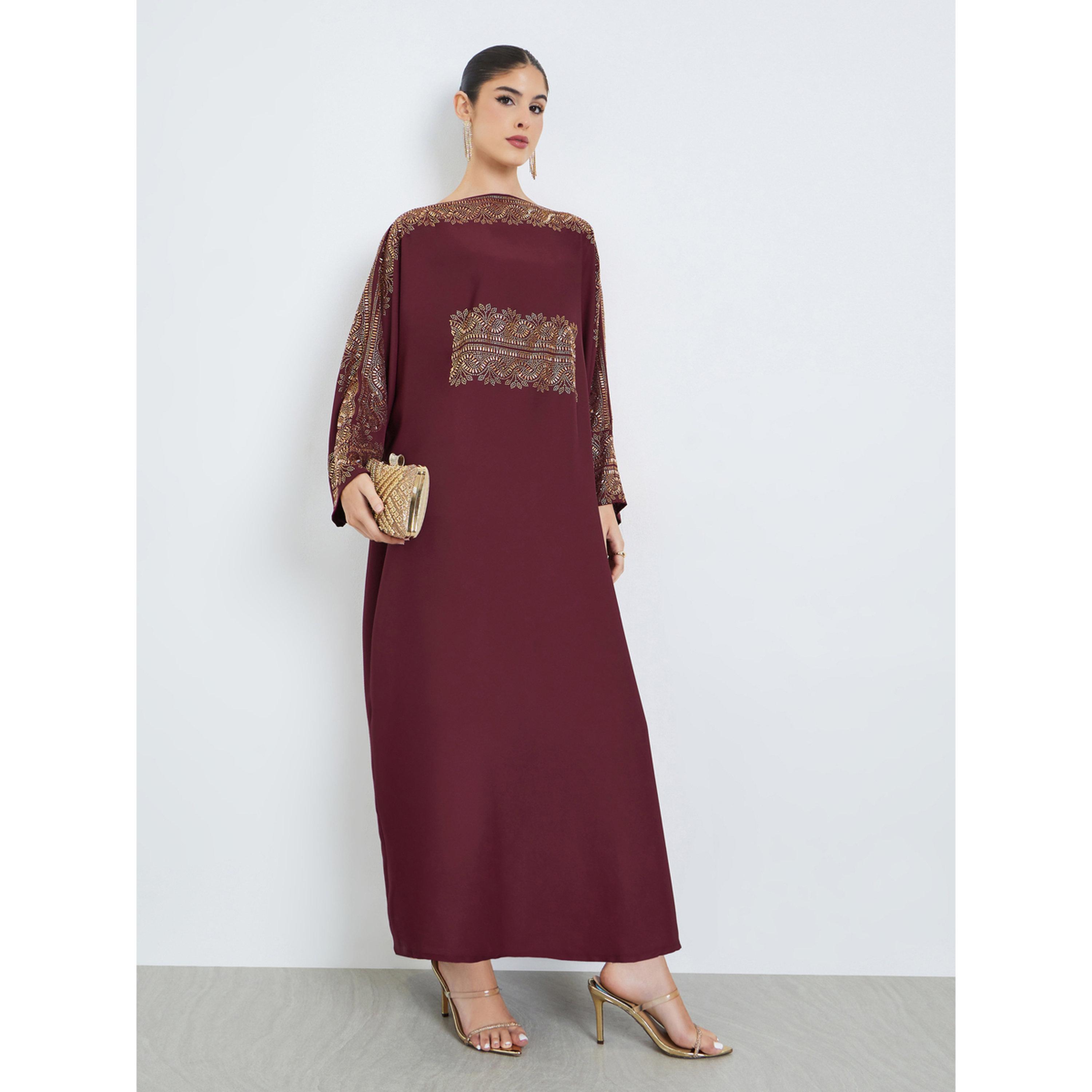 Styli Burgundy Rhinestone Embellishments Jalabiya with Matching Hijab-women-arabicclothing-jalabiyas-image-2