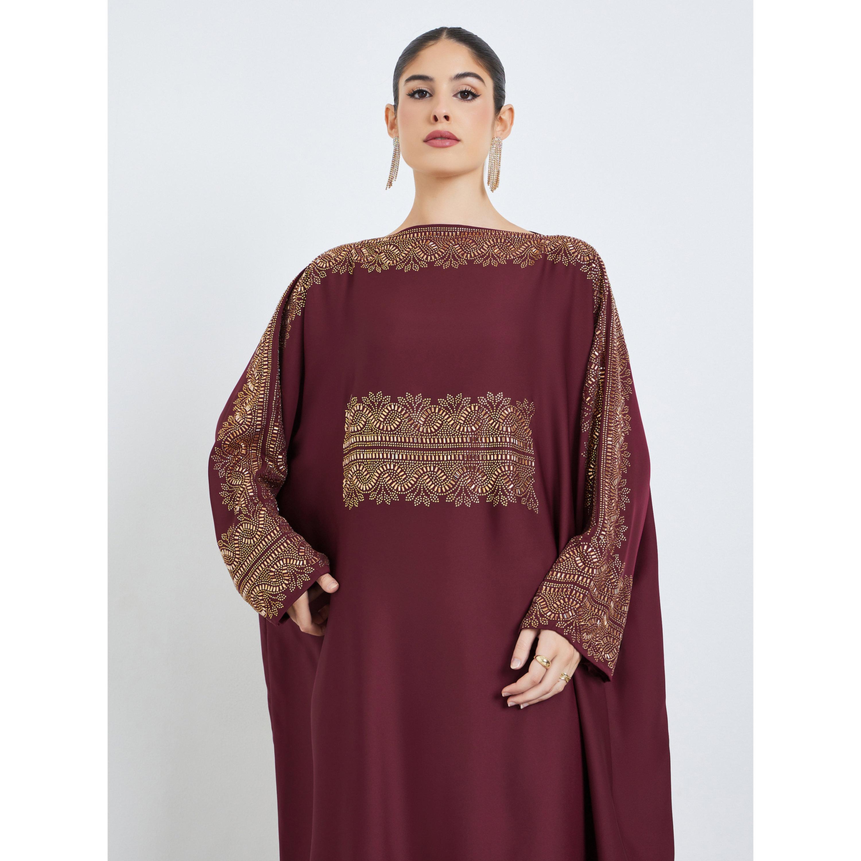Styli Burgundy Rhinestone Embellishments Jalabiya with Matching Hijab-women-arabicclothing-jalabiyas-image-3