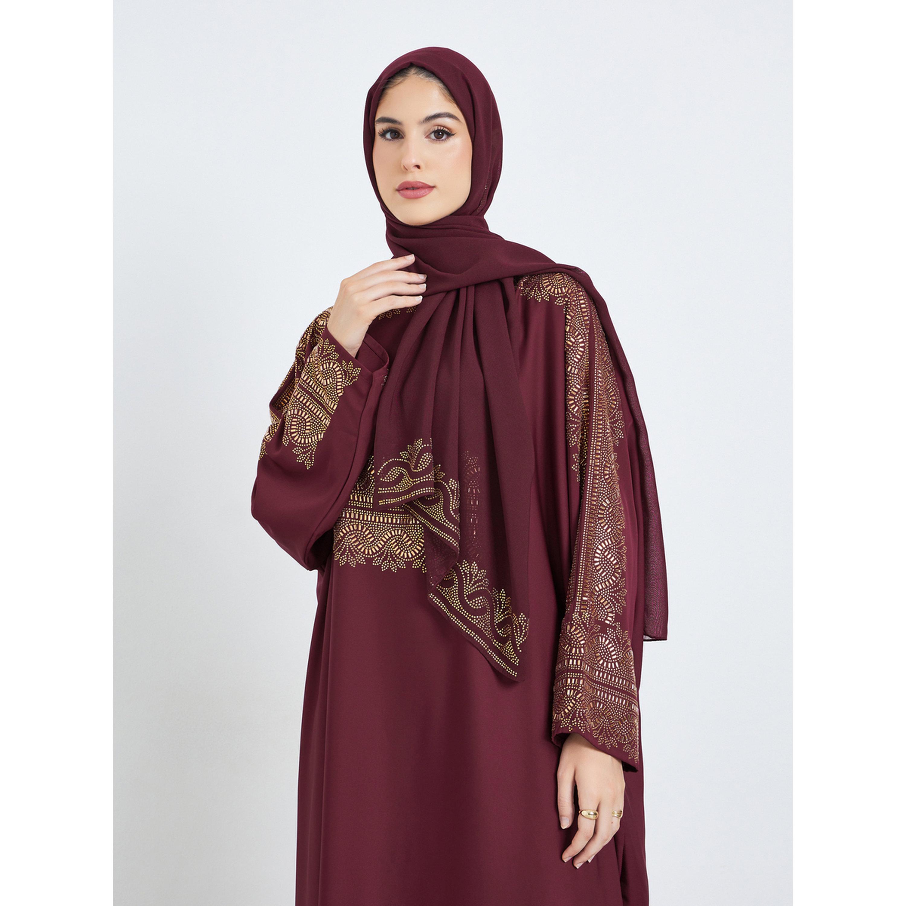 Styli Burgundy Rhinestone Embellishments Jalabiya with Matching Hijab-women-arabicclothing-jalabiyas-image-4