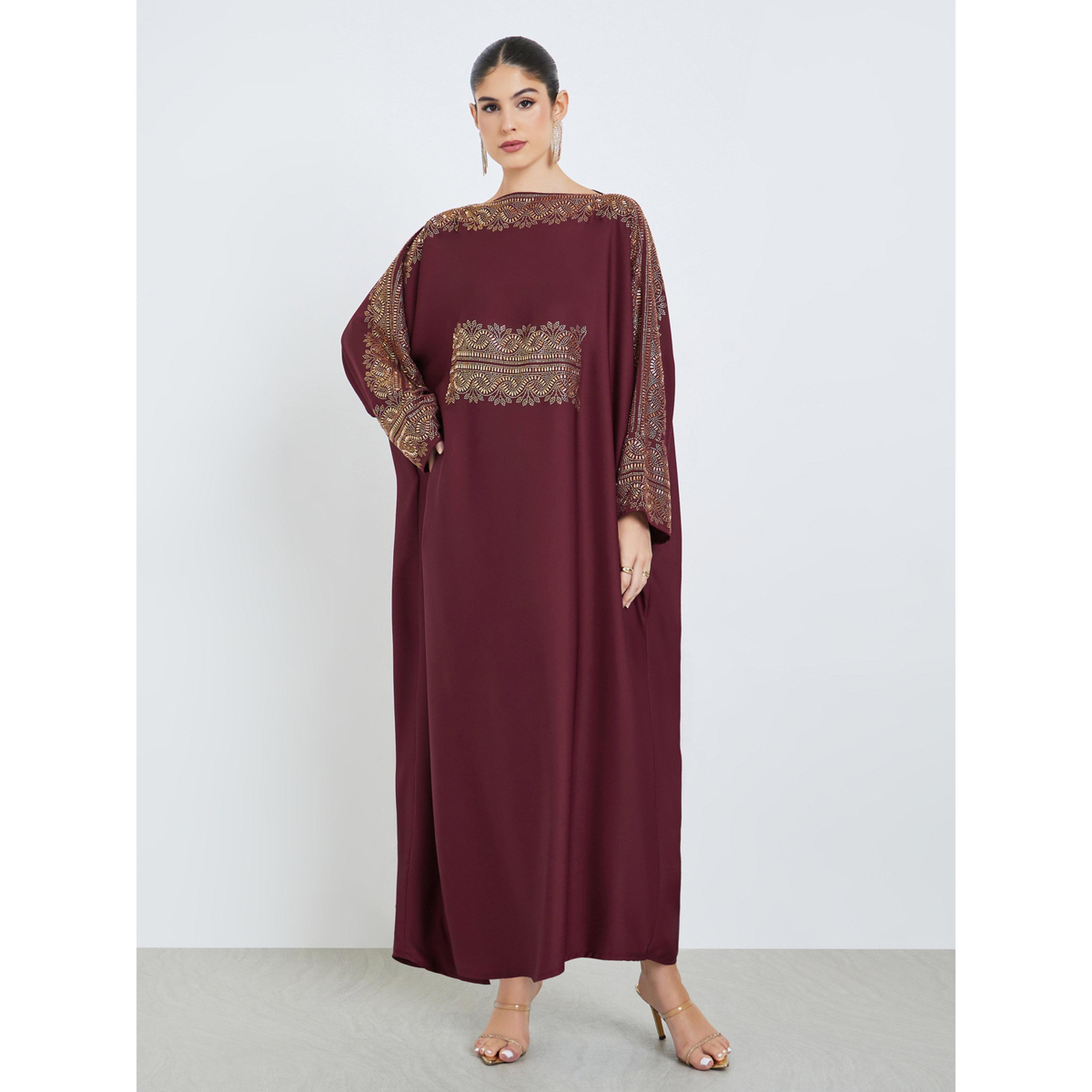 Styli Burgundy Rhinestone Embellishments Jalabiya with Matching Hijab-women-arabicclothing-jalabiyas-image-5