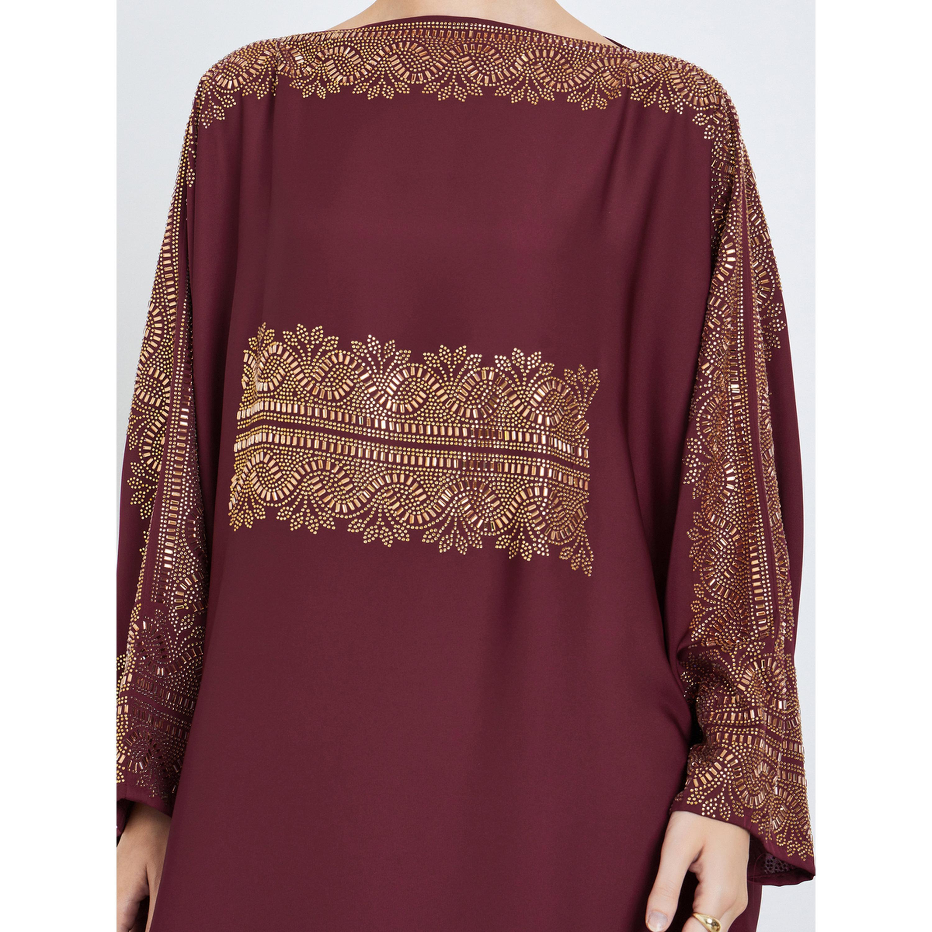 Styli Burgundy Rhinestone Embellishments Jalabiya with Matching Hijab-women-arabicclothing-jalabiyas-image-6