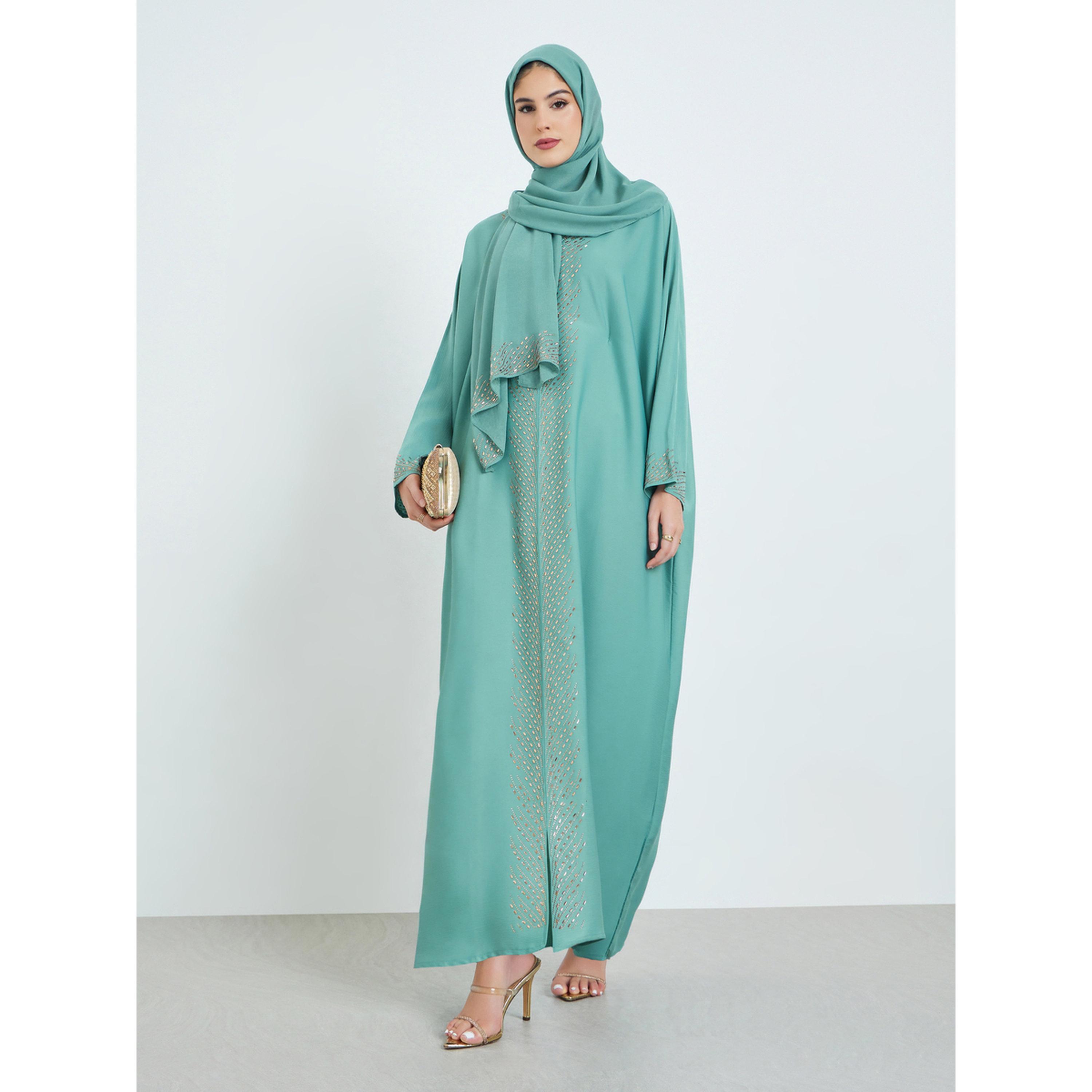 Styli Green Rhinestone Embellishments Jalabiya with Matching Hijab-women-arabicclothing-jalabiyas-image-1