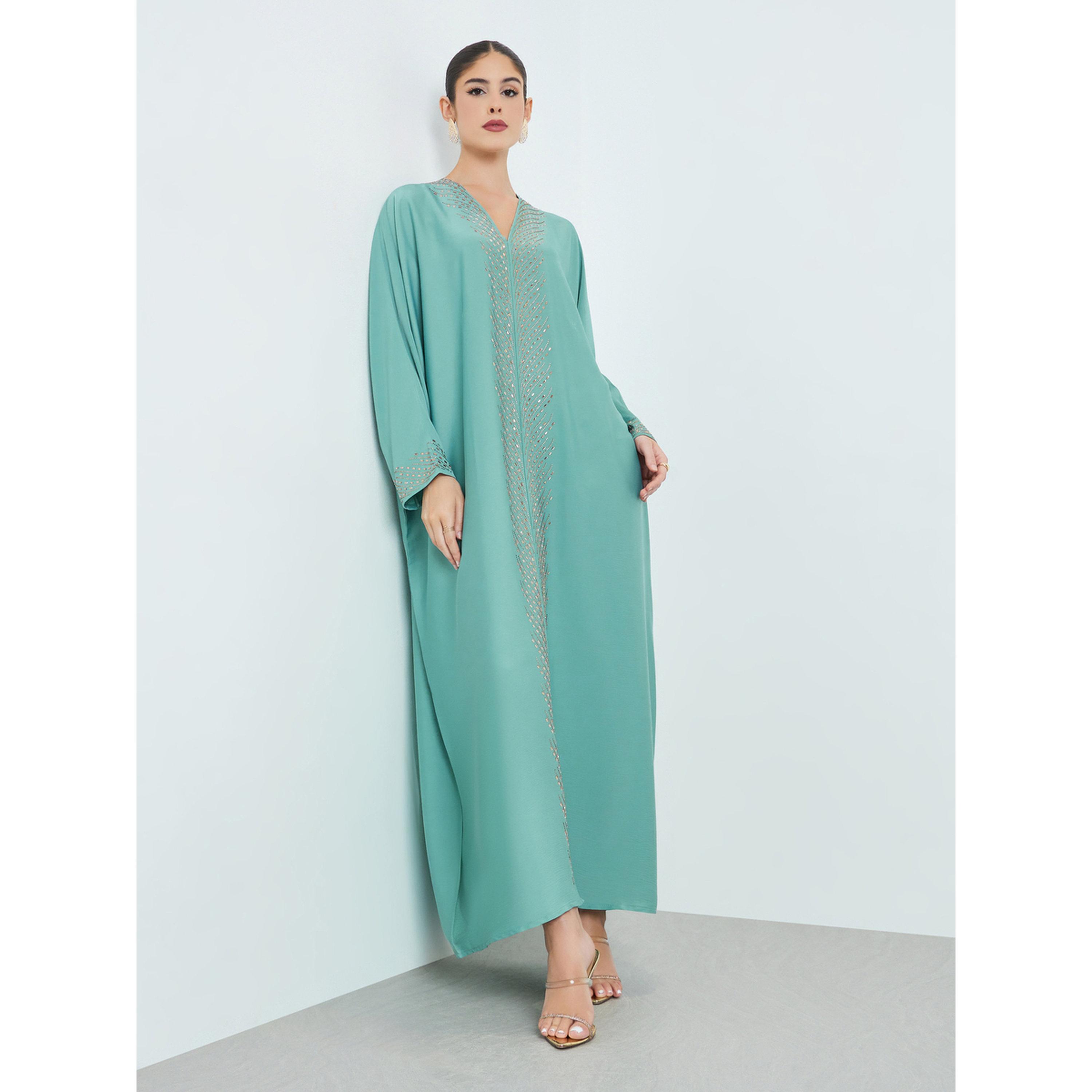 Styli Green Rhinestone Embellishments Jalabiya with Matching Hijab-women-arabicclothing-jalabiyas-image-2