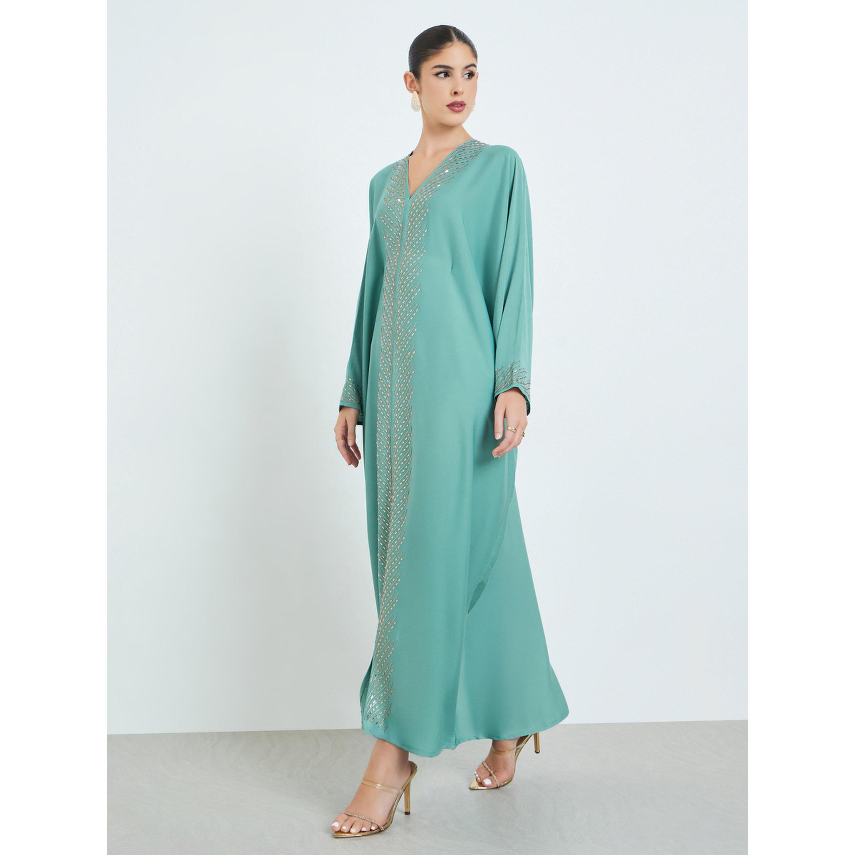 Styli Green Rhinestone Embellishments Jalabiya with Matching Hijab-women-arabicclothing-jalabiyas-image-5