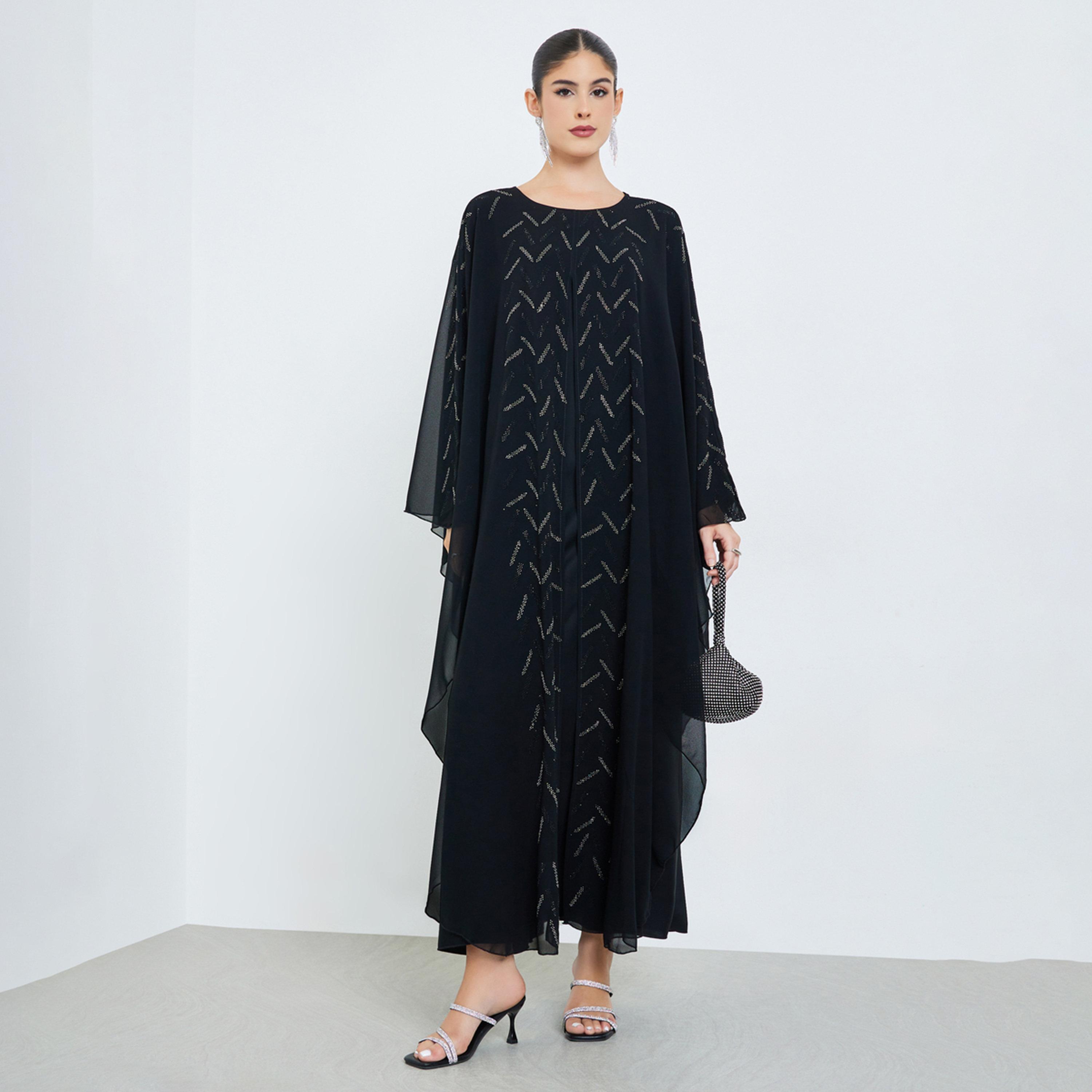 Styli Black Studded Front Panel Jalabiya-women-arabicclothing-jalabiyas-image-1