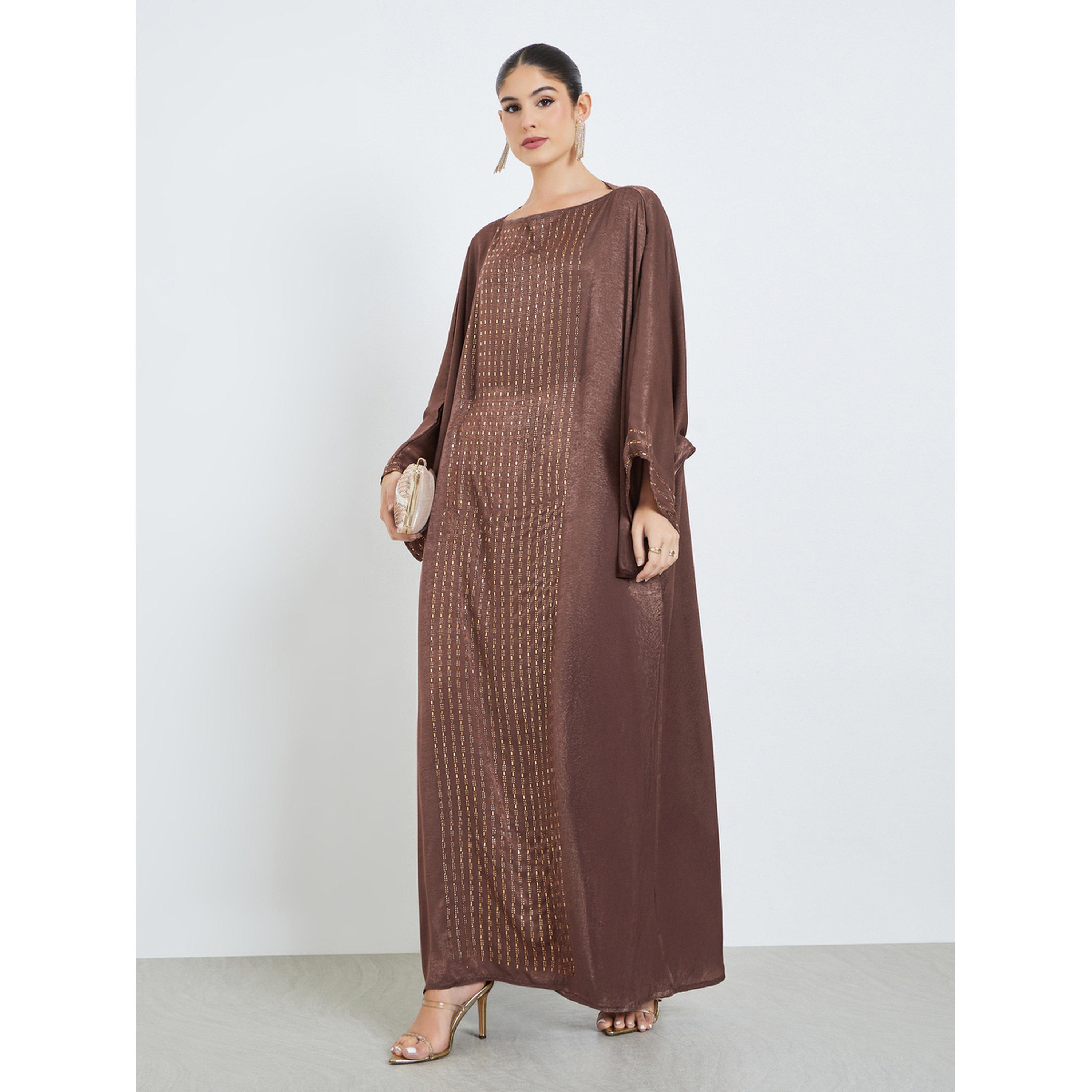 Styli Brown Rhinestone Embellishments Kaftan-women-arabicclothing-kaftan-image-1