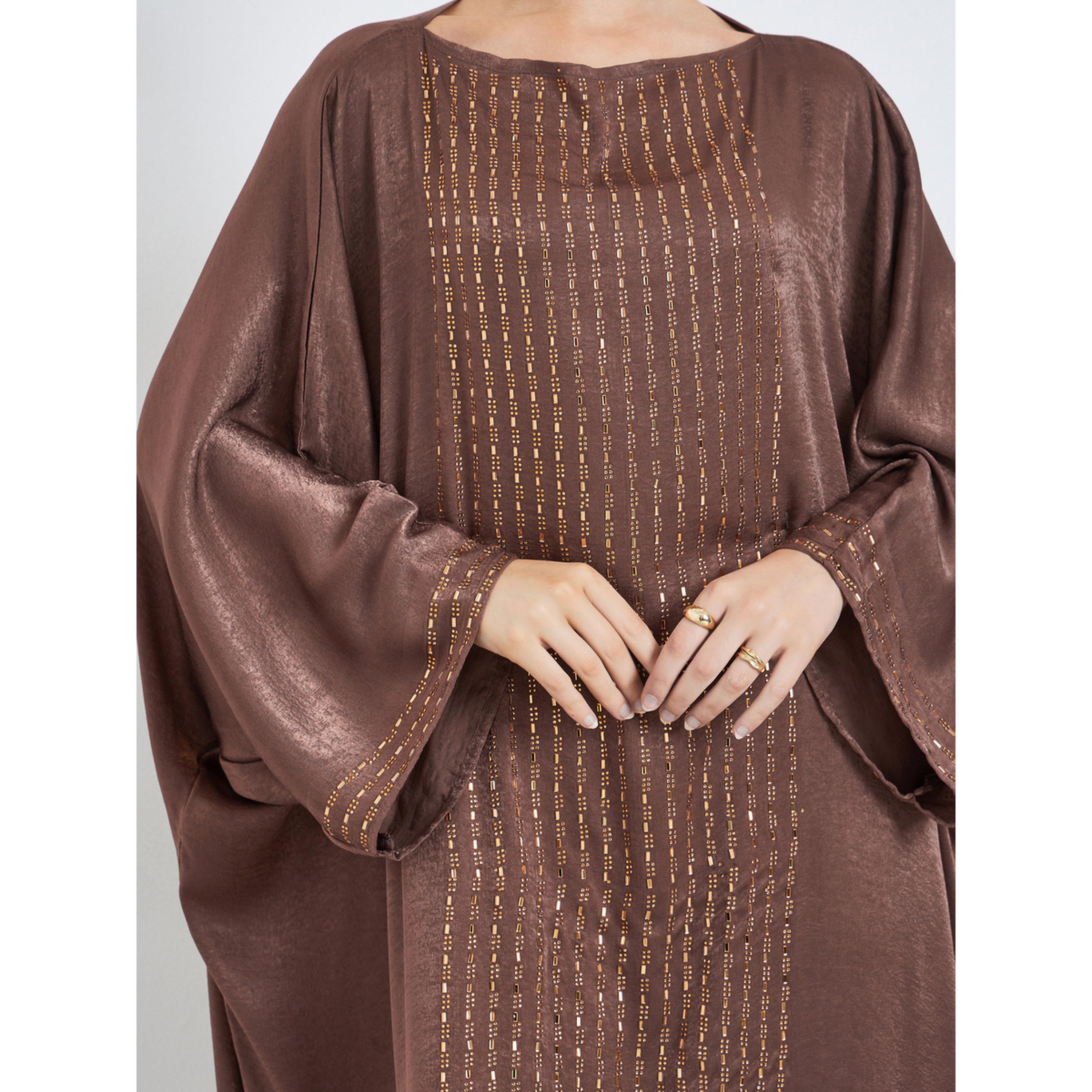 Styli Brown Rhinestone Embellishments Kaftan-women-arabicclothing-kaftan-image-5
