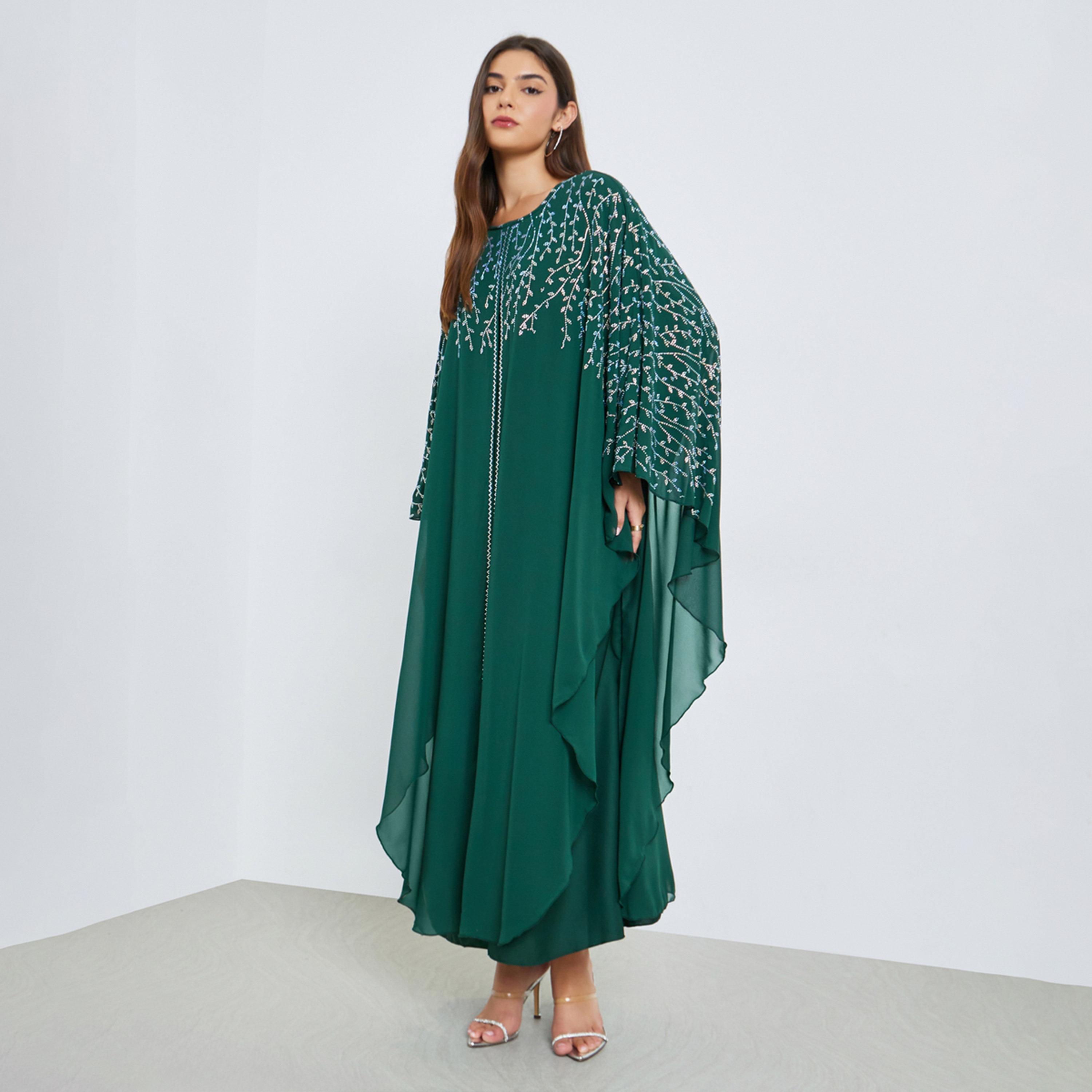 ستايلي - جلابية مزينة بكشكشة خضراء-women-arabicclothing-jalabiyas-image-1