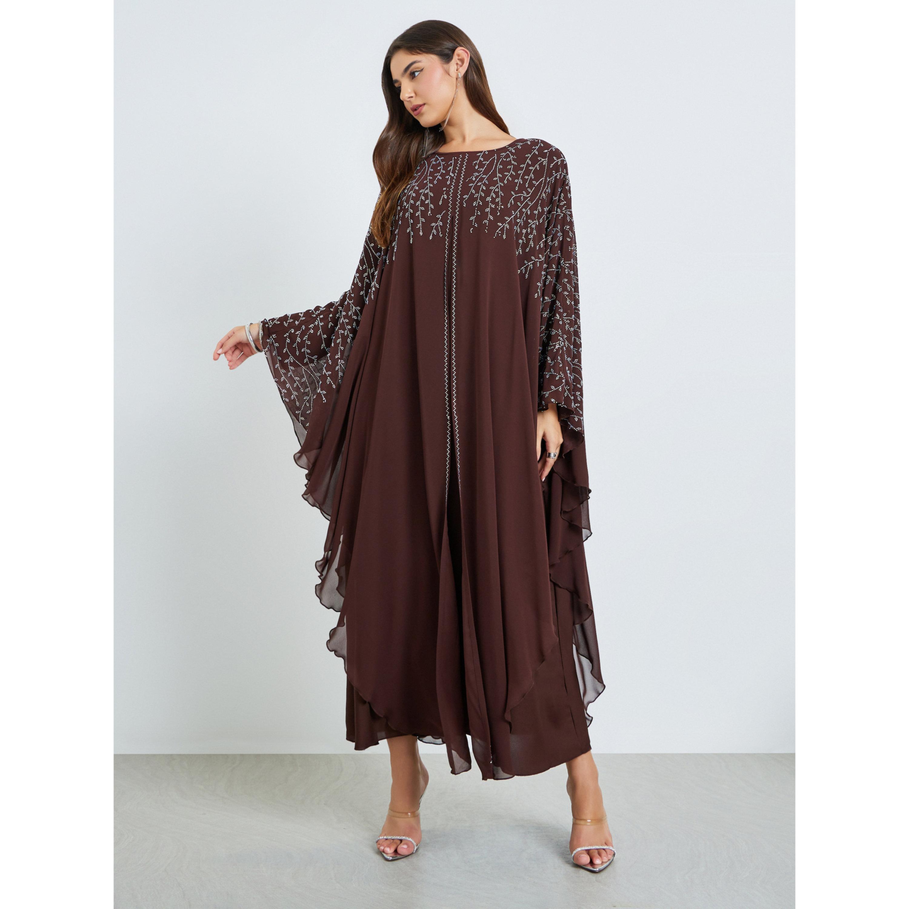 Styli Brown Frill Embellished Jalabiya-women-arabicclothing-jalabiyas-image-1