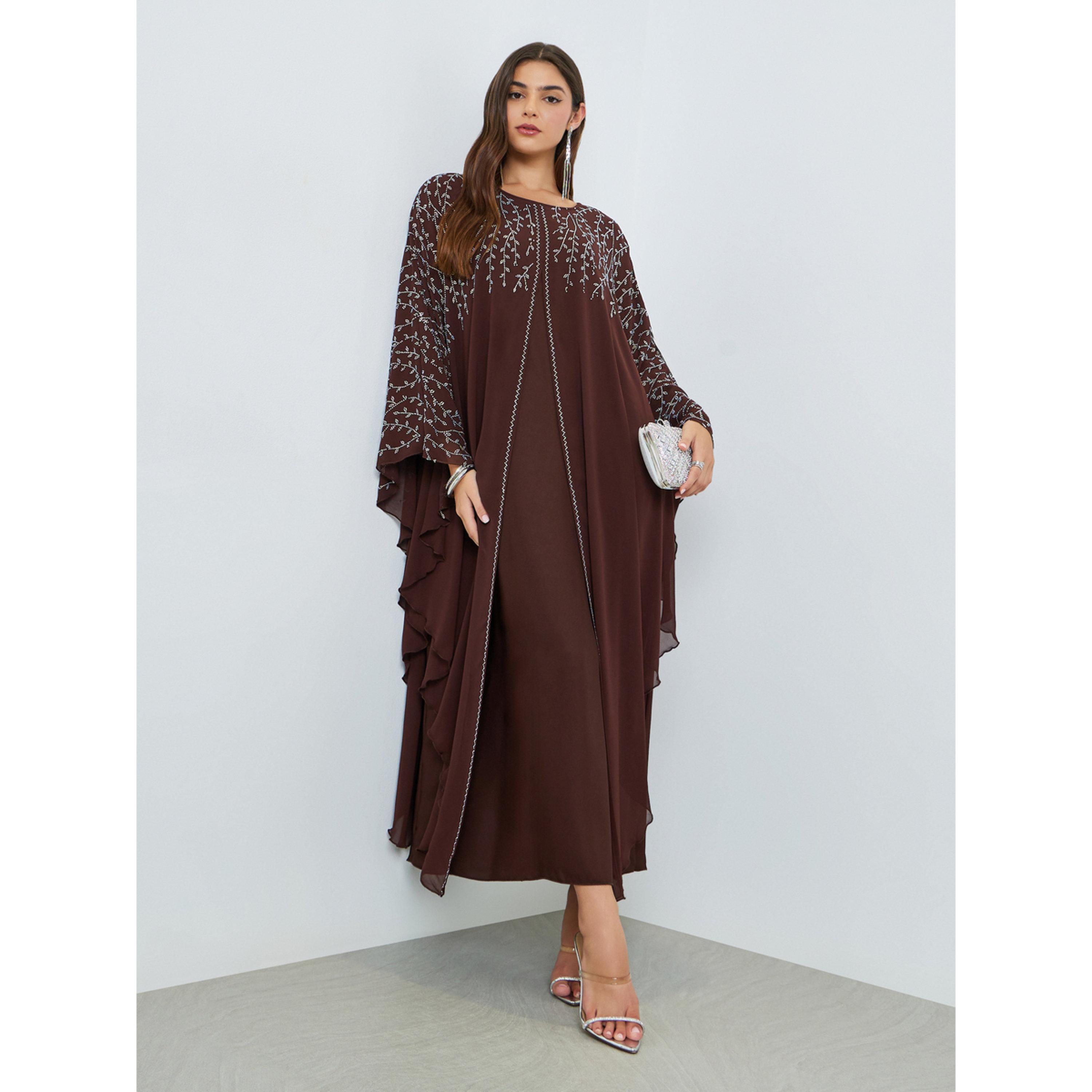 ستايلي - جلابية بنية اللون مزينة بكشكشة-women-arabicclothing-jalabiyas-image-3
