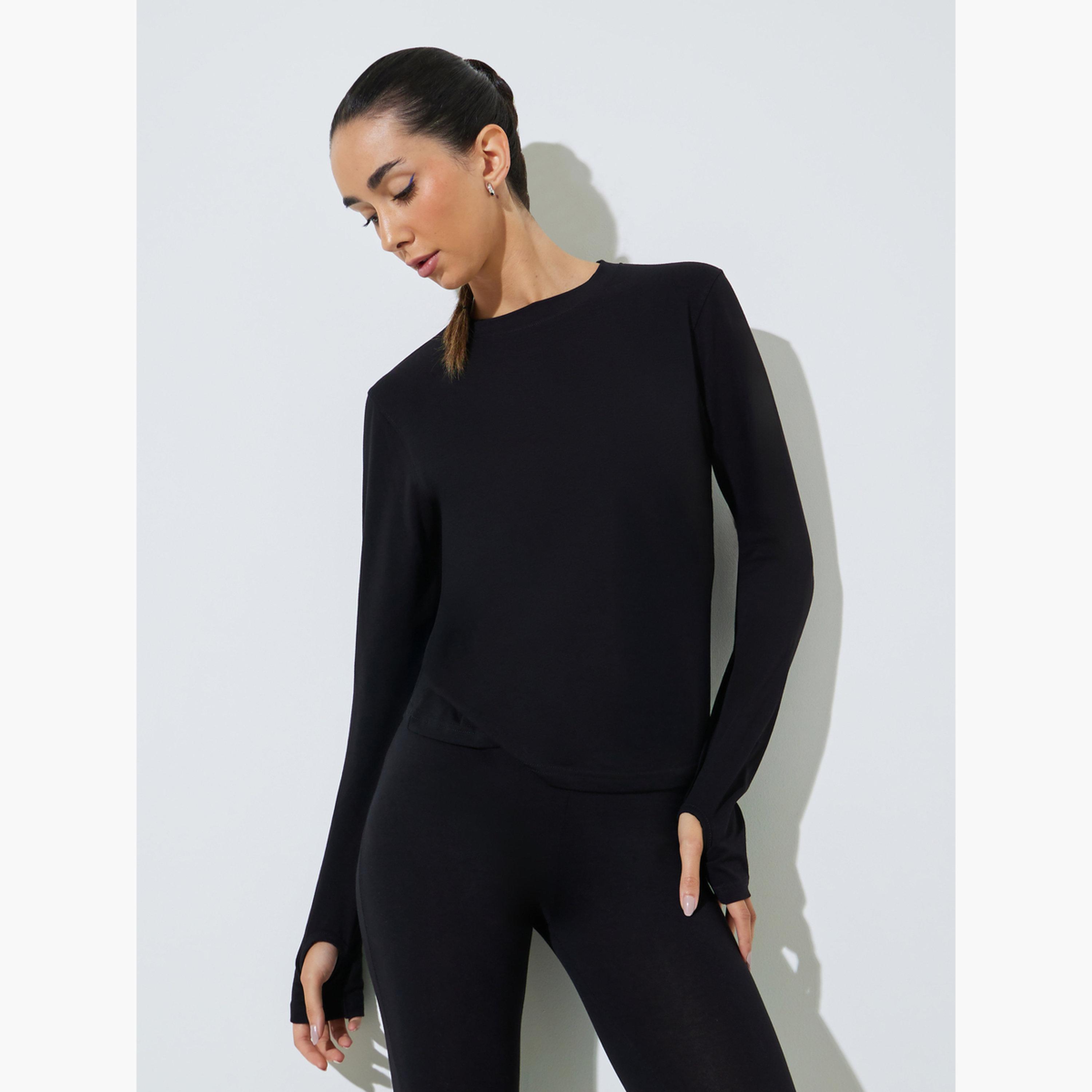 Styli Black Cotton Lycra T-Shirt with Thumbhole Sleeve-women-clothing-tshirts-image-1