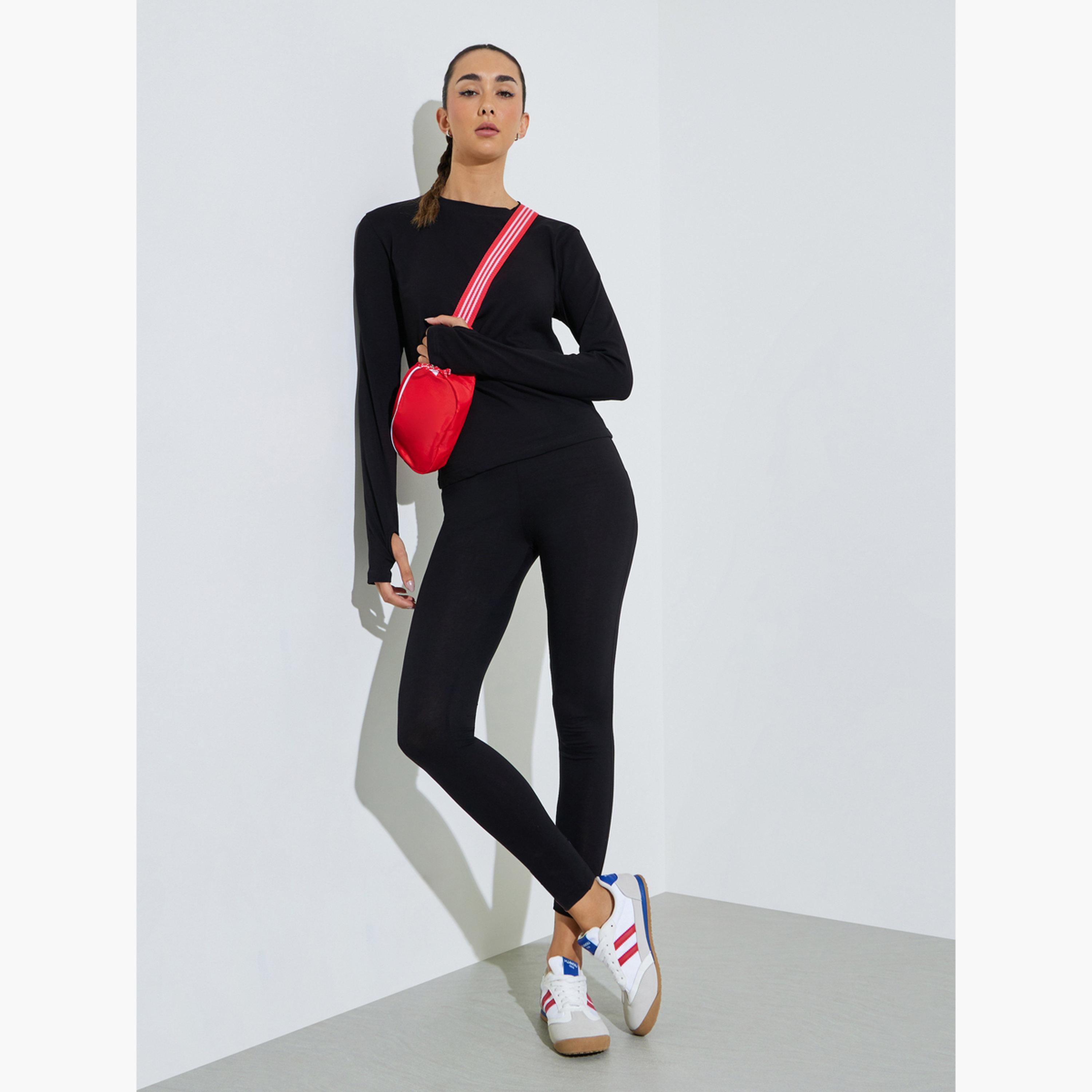 Styli Black Cotton Lycra T-Shirt with Thumbhole Sleeve-women-clothing-tshirts-image-2