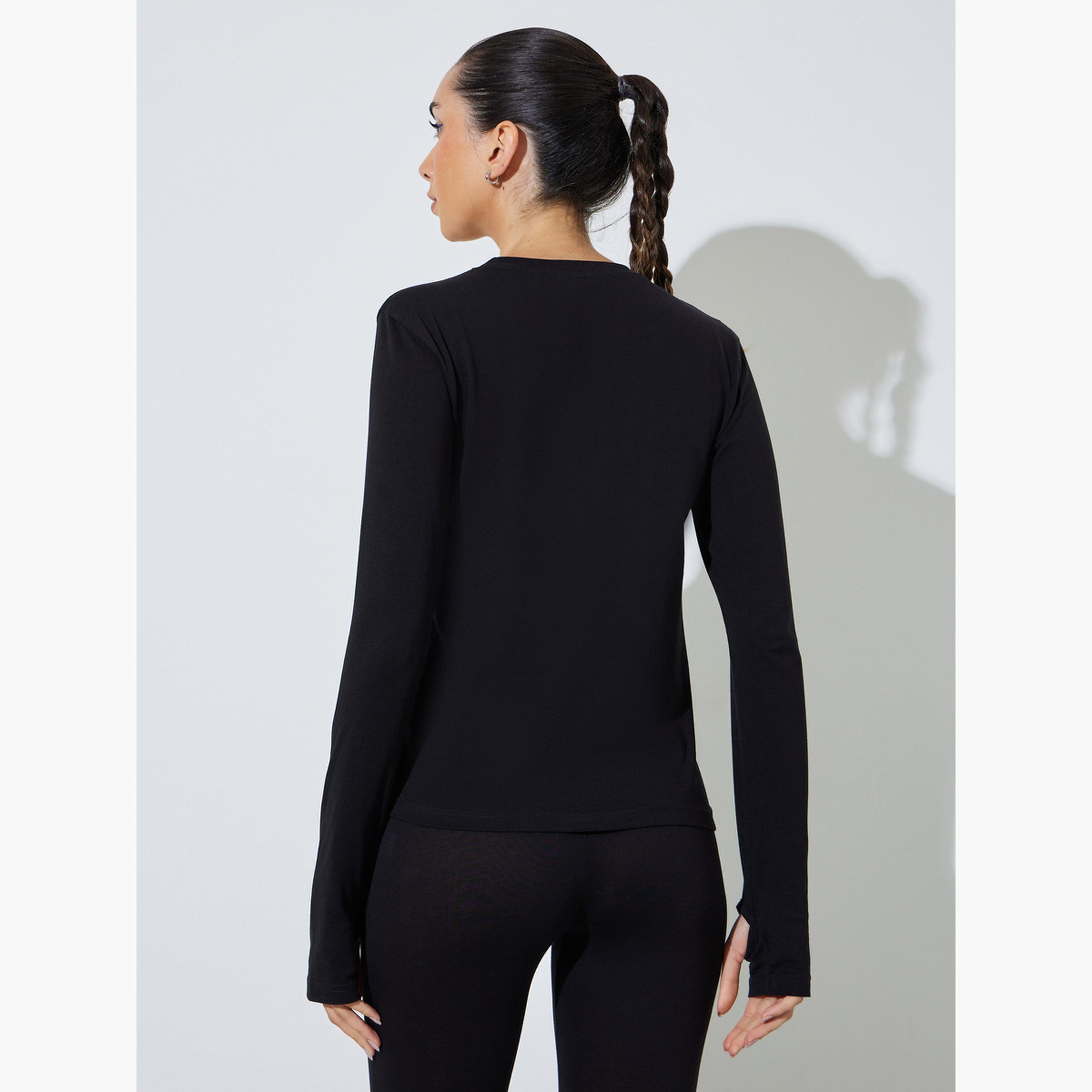 Styli Black Cotton Lycra T-Shirt with Thumbhole Sleeve-women-clothing-tshirts-image-4