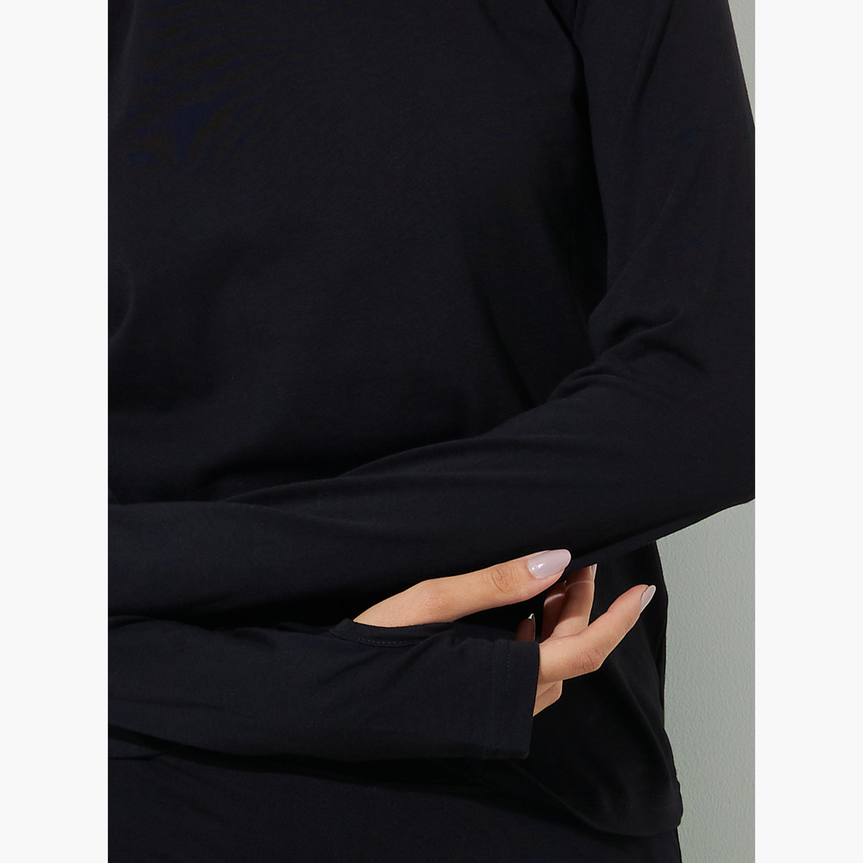 Styli Black Cotton Lycra T-Shirt with Thumbhole Sleeve-women-clothing-tshirts-image-5