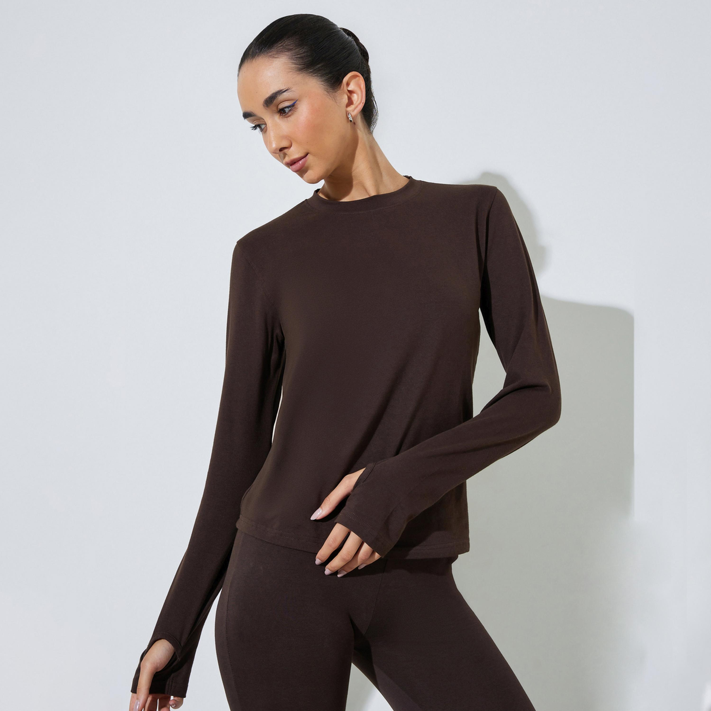 تيشيرت قطن ليكرا بأكمام بفتحة إبهام-women-clothing-tshirts-image-1