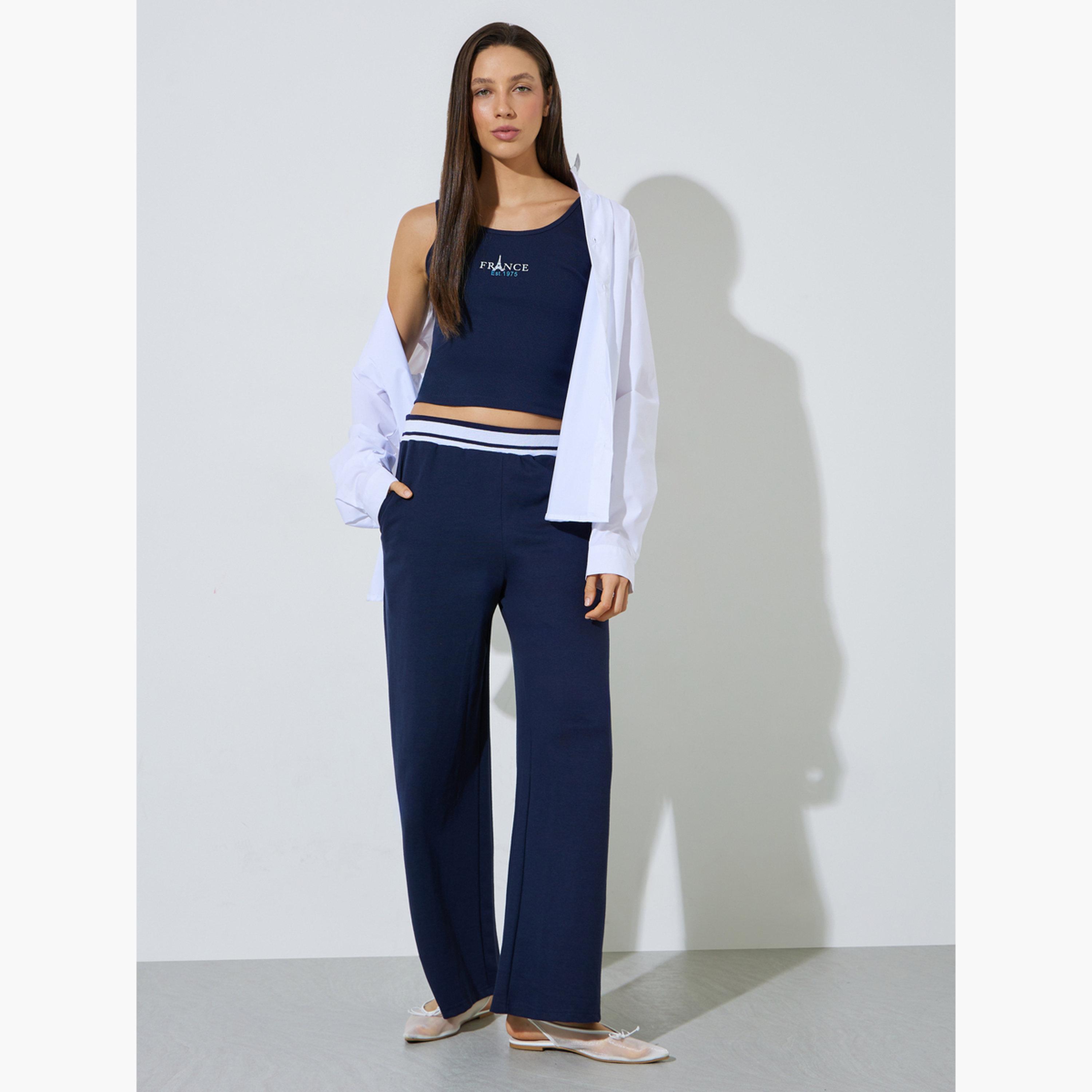 Styli Navy Blue Graphic Print Ribbed Crop Tank Top-women-clothing-shirtsandblouses-blouses-image-2