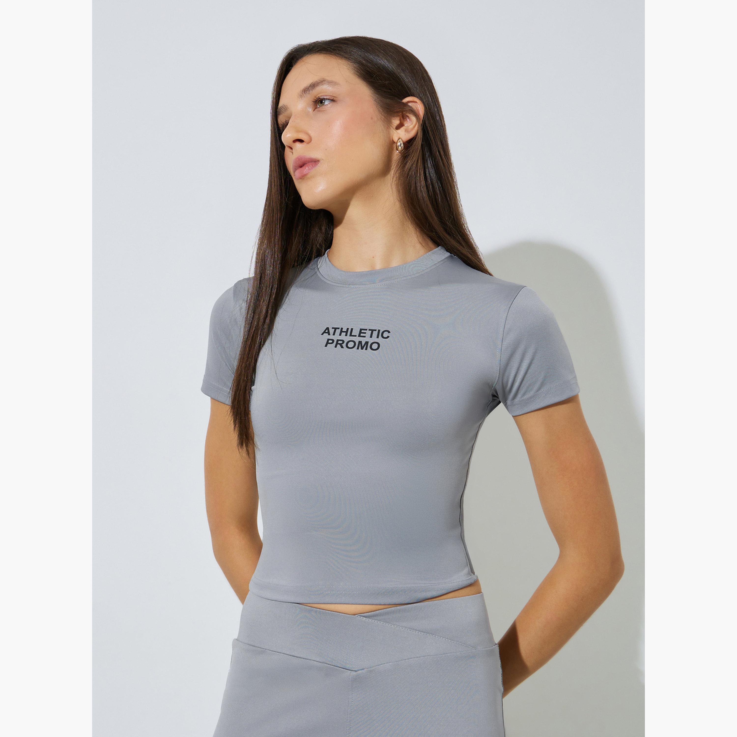 Styli Grey Slogan Print Stretch Fitted T-Shirt-women-clothing-tshirts-image-1