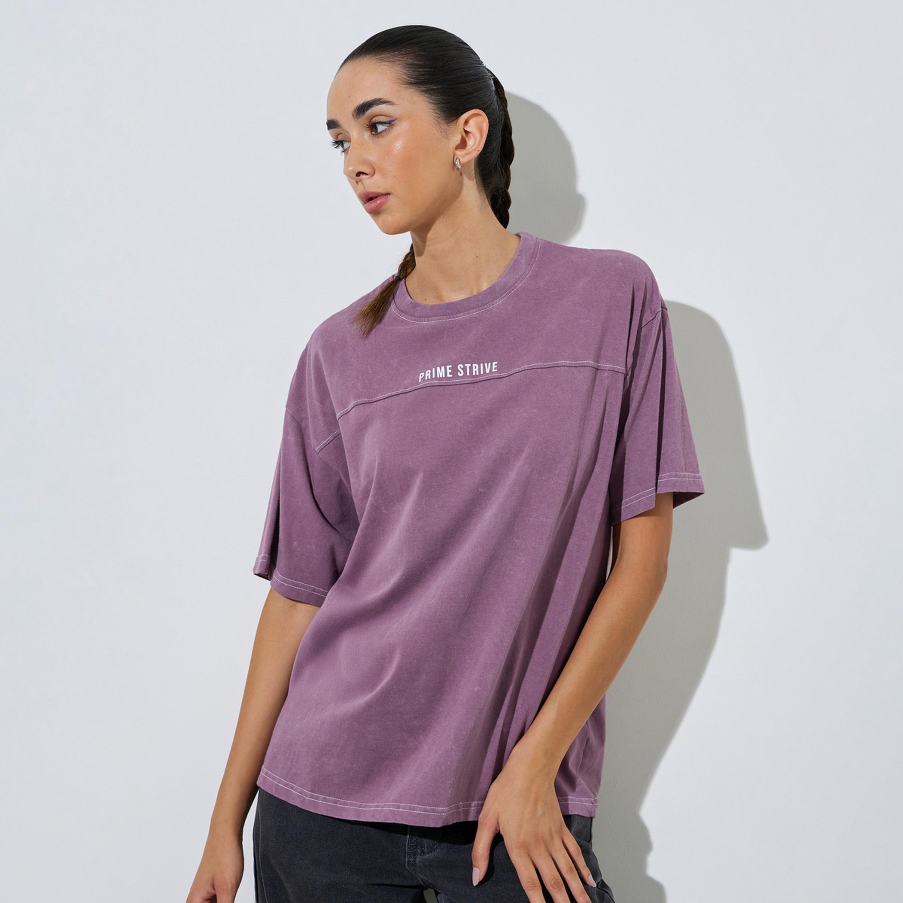 Styli Purple Slogan Print Acid Wash Contrast Stitch T-Shirt-women-clothing-tshirts-image-1