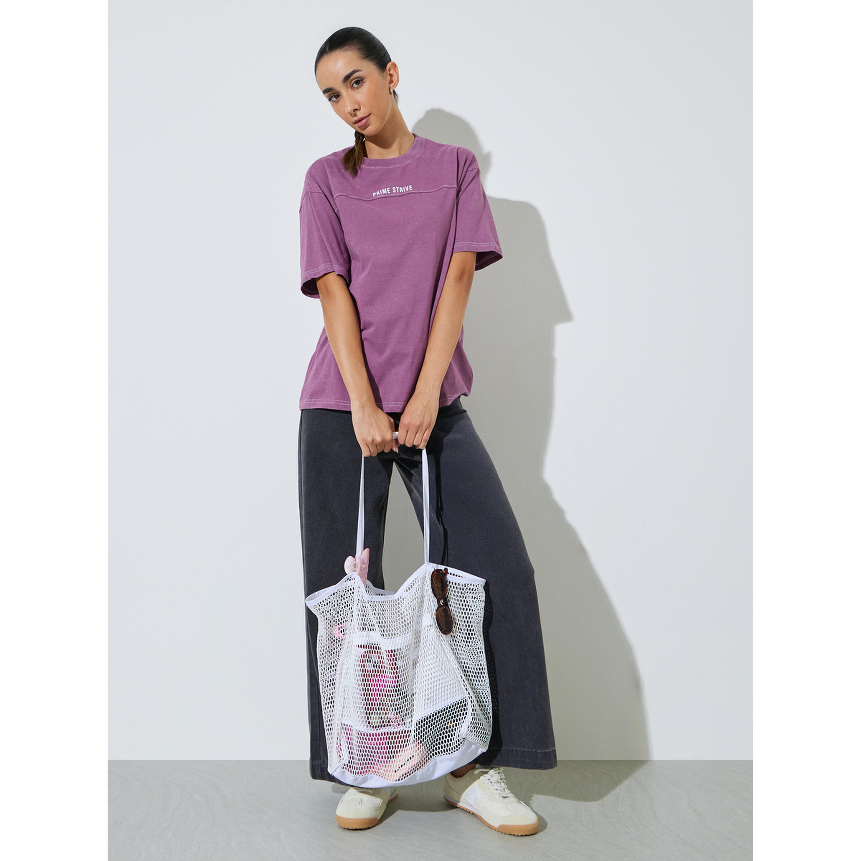 Styli Purple Slogan Print Acid Wash Contrast Stitch T-Shirt-women-clothing-tshirts-image-2