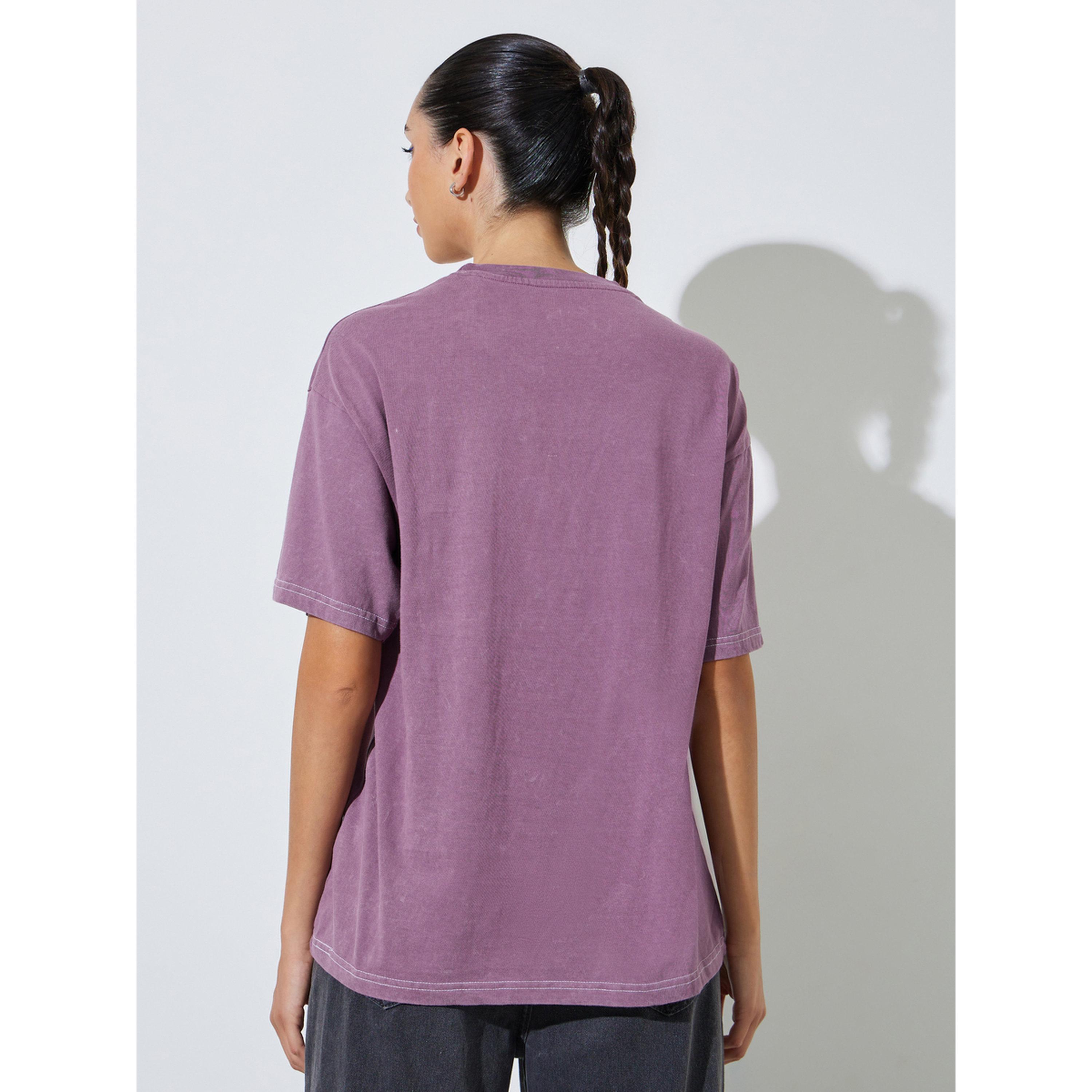Styli Purple Slogan Print Acid Wash Contrast Stitch T-Shirt-women-clothing-tshirts-image-3