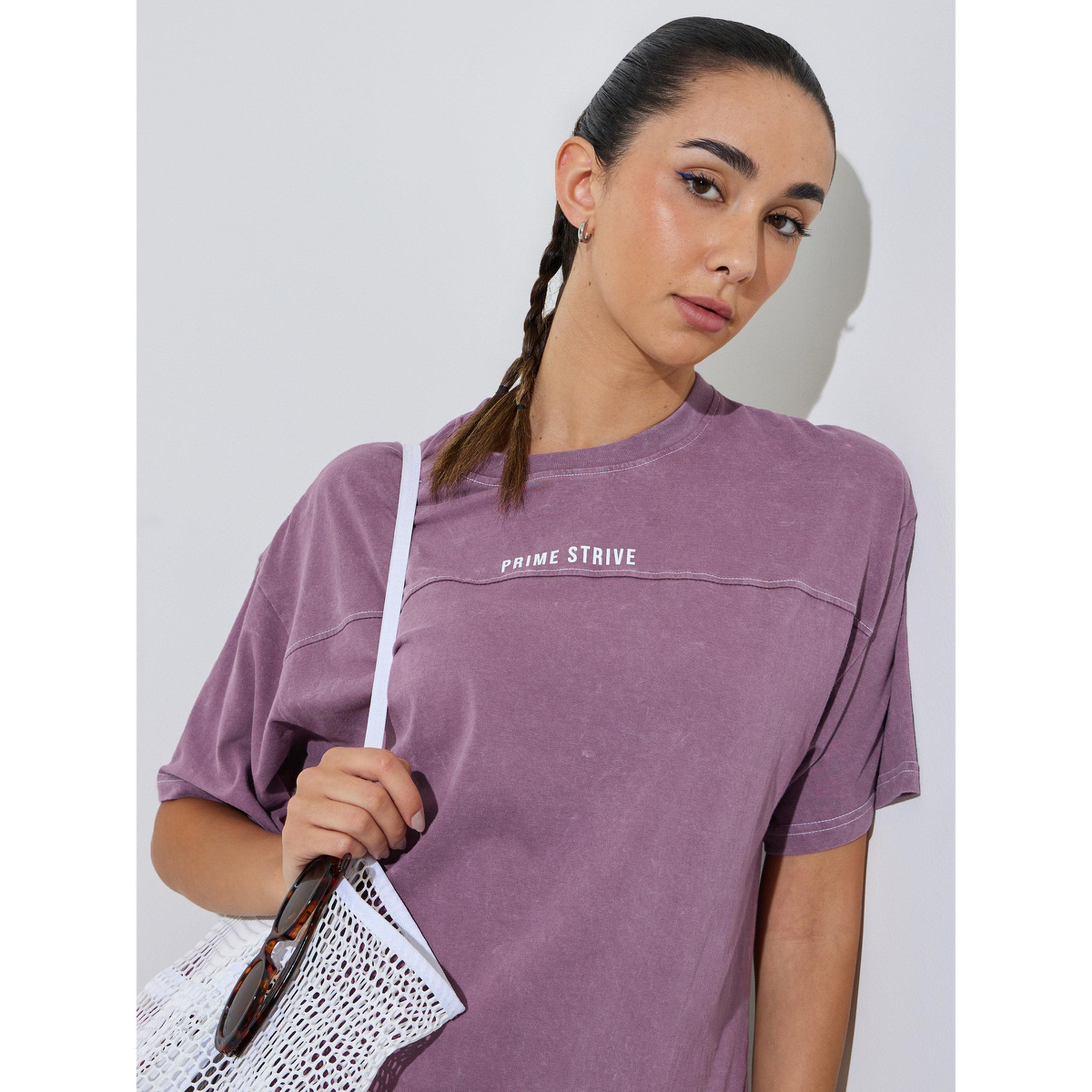 Styli Purple Slogan Print Acid Wash Contrast Stitch T-Shirt-women-clothing-tshirts-image-4