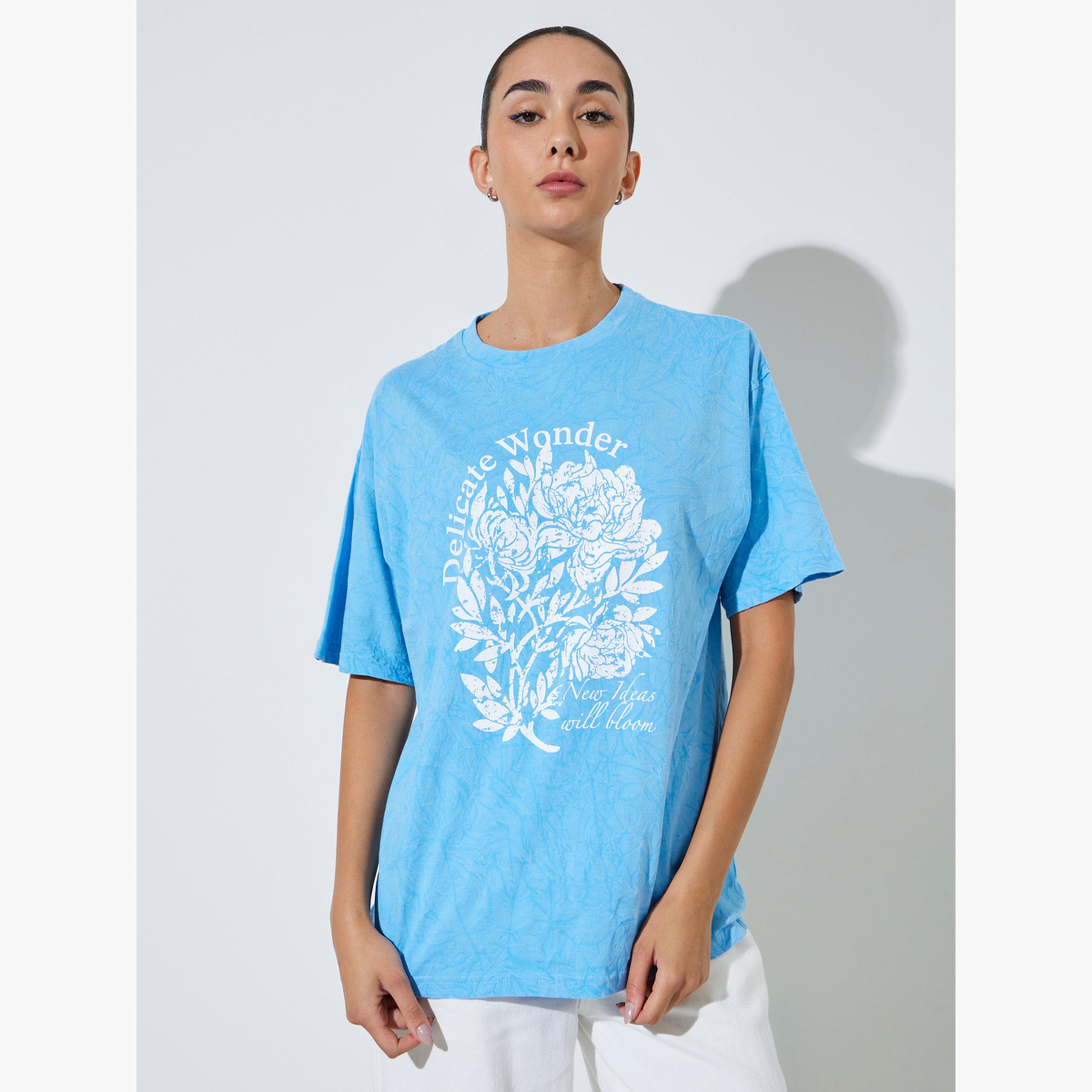 Styli Blue Acid Wash Oversized Graphic Cotton T-Shirt-women-clothing-tshirts-image-1