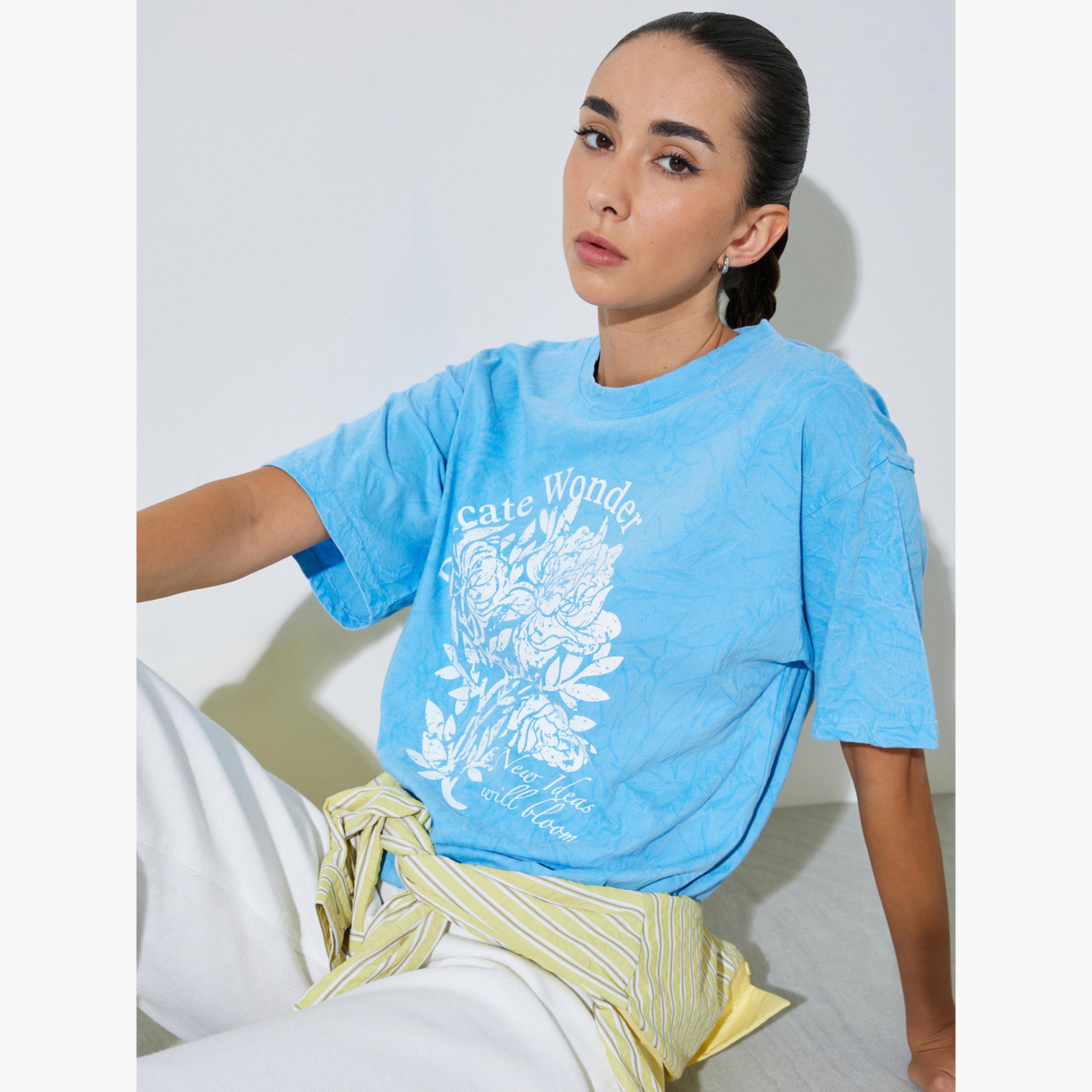 Styli Blue Acid Wash Oversized Graphic Cotton T-Shirt-women-clothing-tshirts-image-3