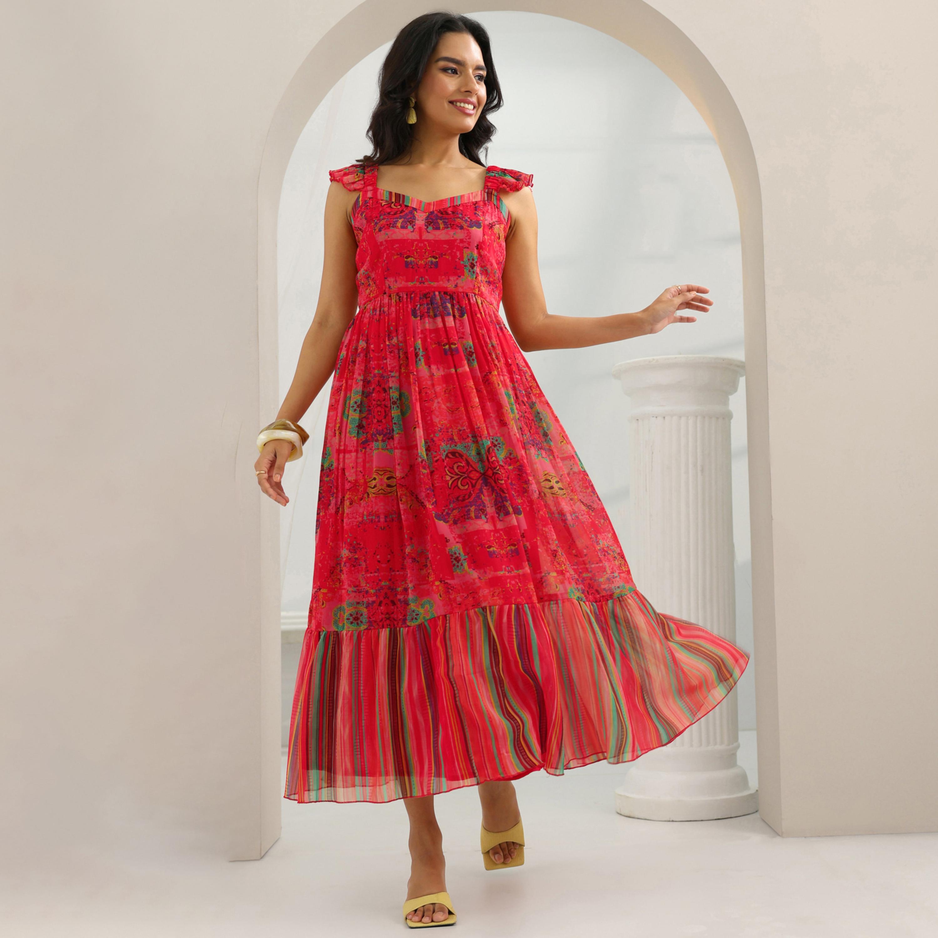 Libas X Styli Coral Chiffon Printed Tiered Midi Dress-women-clothing-dresses-image-1