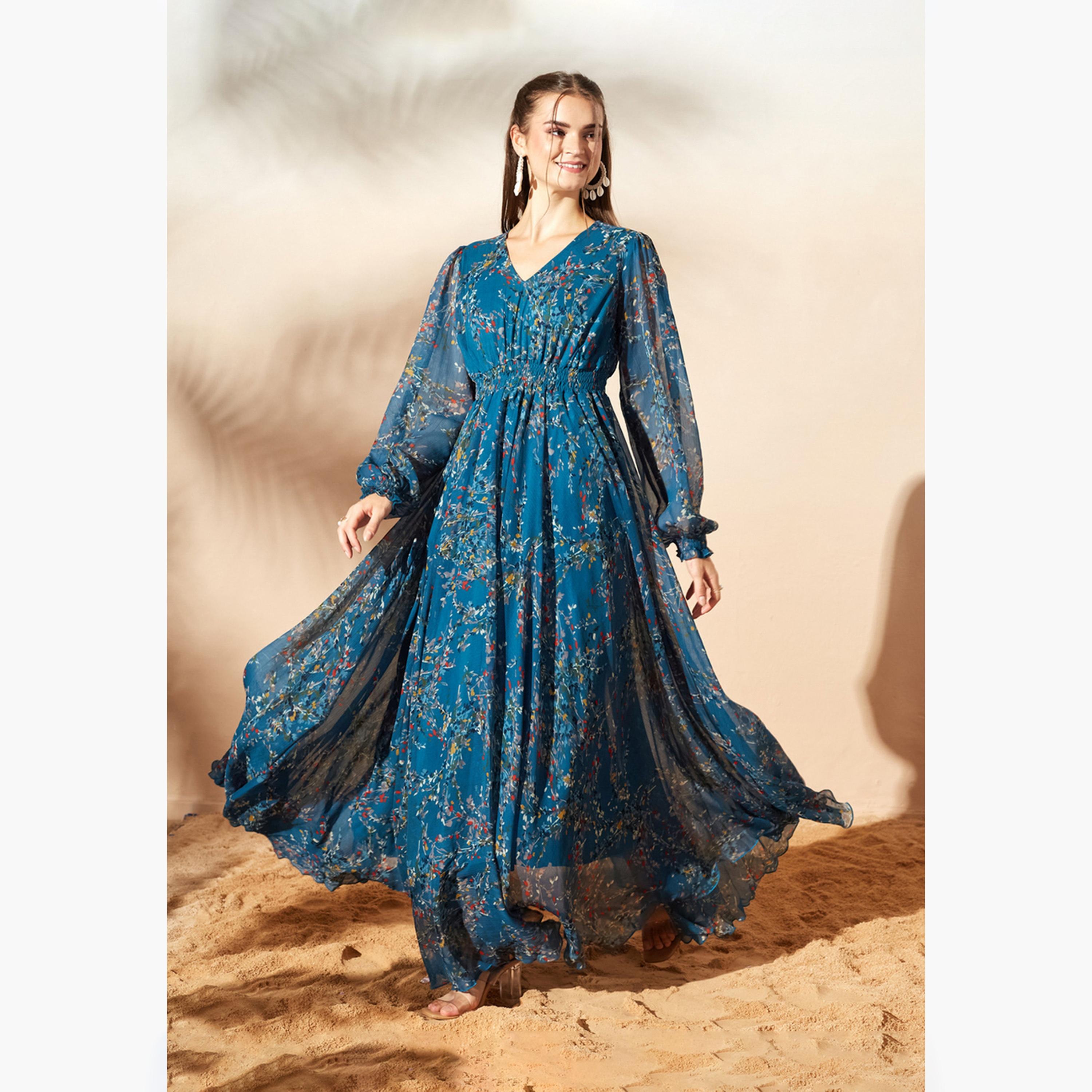 فستان طويل بحافة واسعة وطبعة أوراق شجر-women-clothing-dresses-image-1