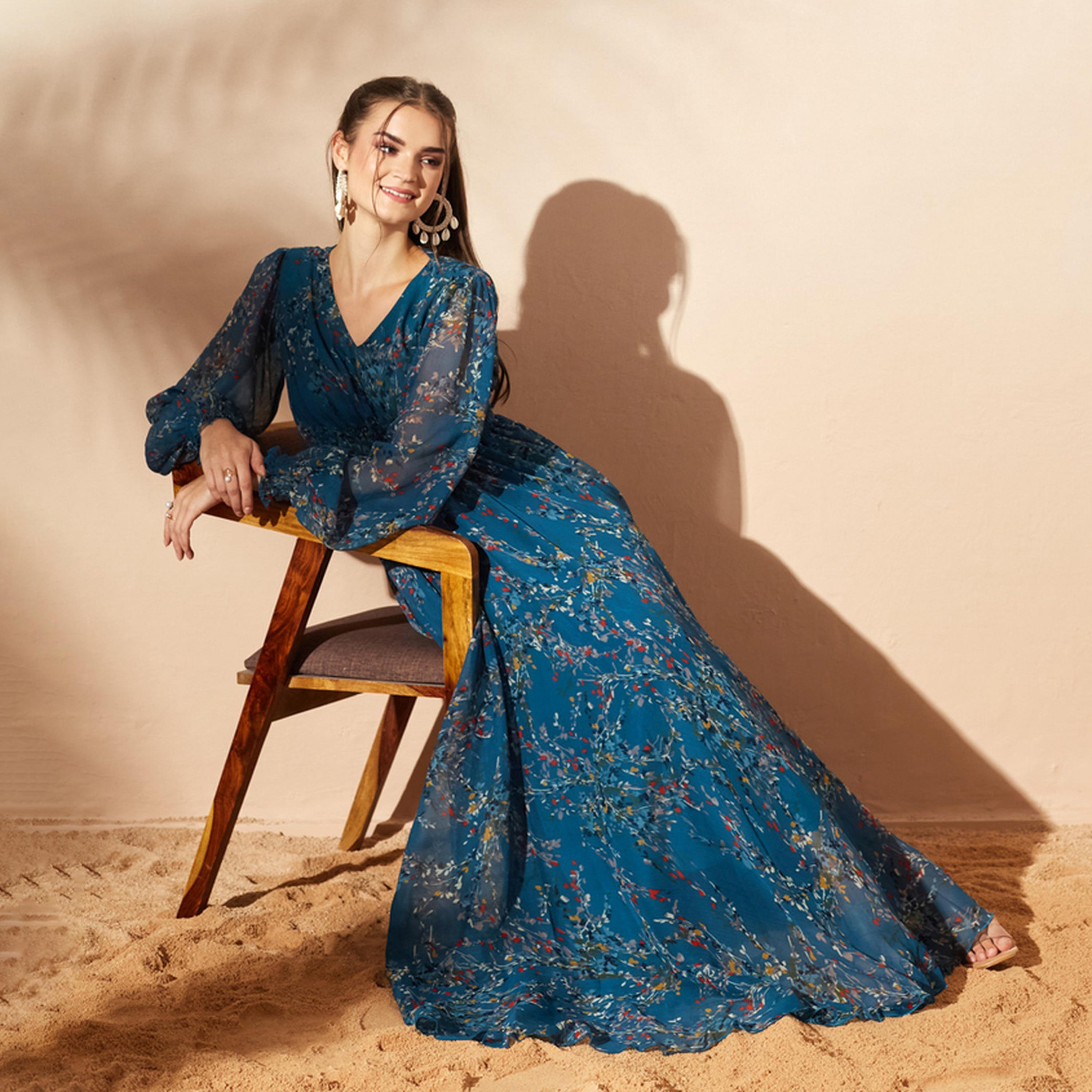 فستان طويل بحافة واسعة وطبعة أوراق شجر-women-clothing-dresses-image-2