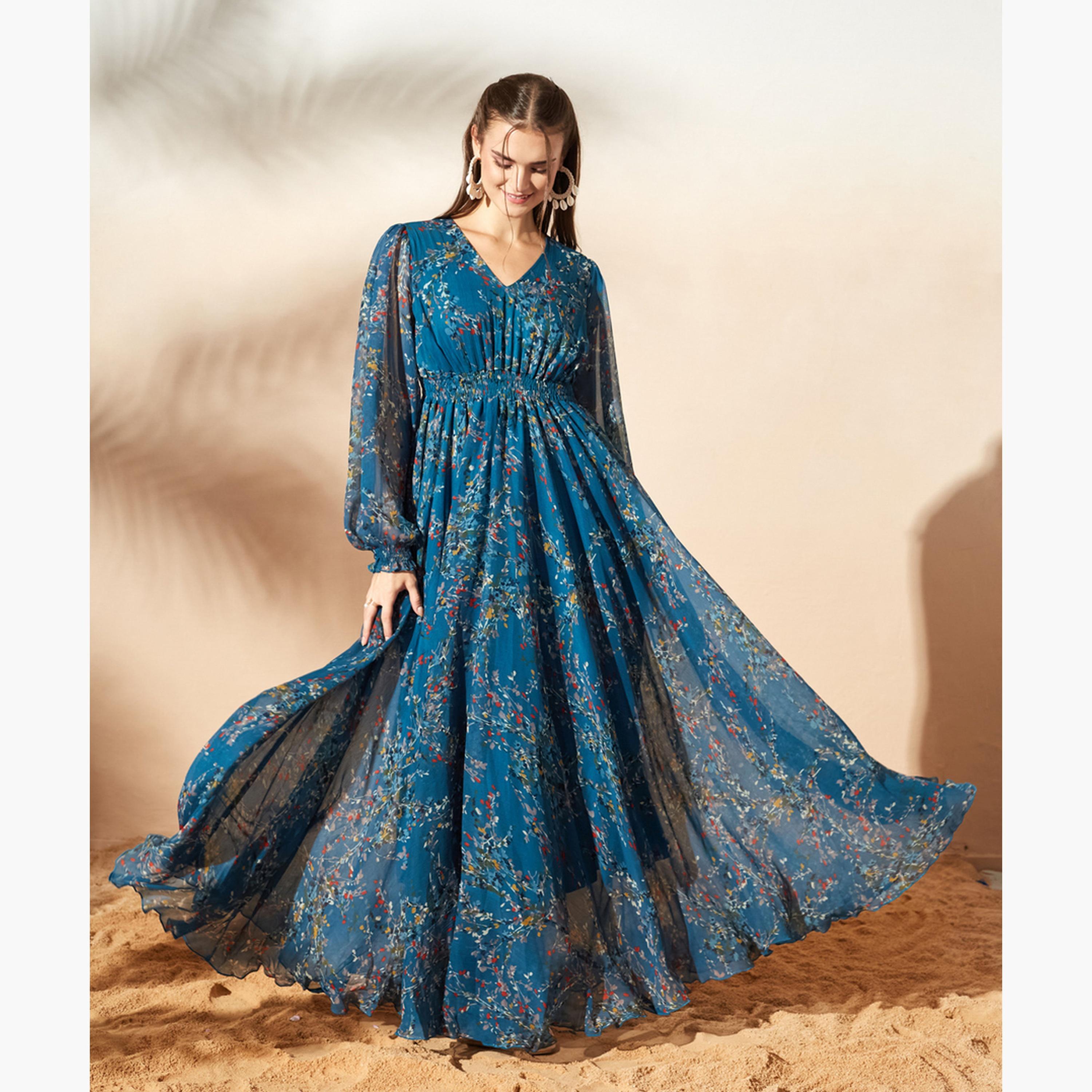 فستان طويل بحافة واسعة وطبعة أوراق شجر-women-clothing-dresses-image-3