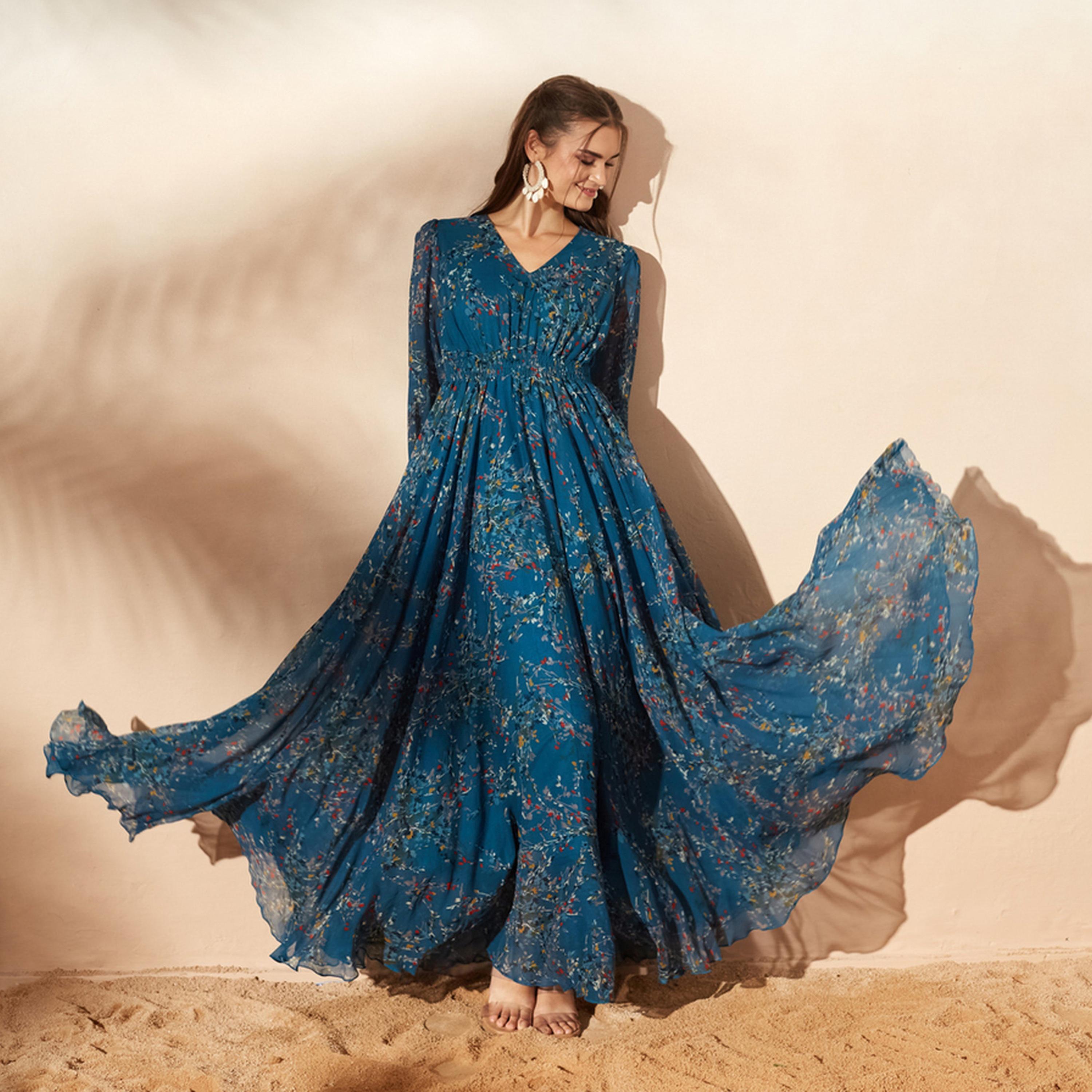 فستان طويل بحافة واسعة وطبعة أوراق شجر-women-clothing-dresses-image-4